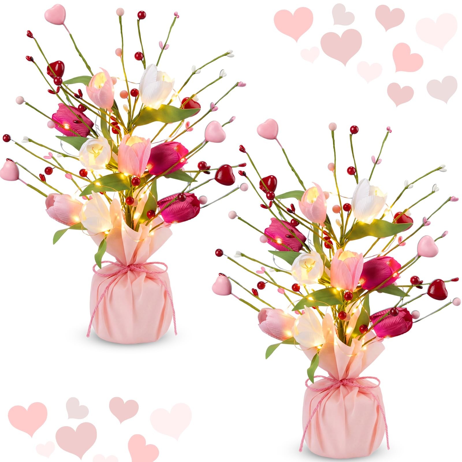 2 PCS 16 Inch Spring Artificial Tulip Table Tree Decoration Light Burlap Base