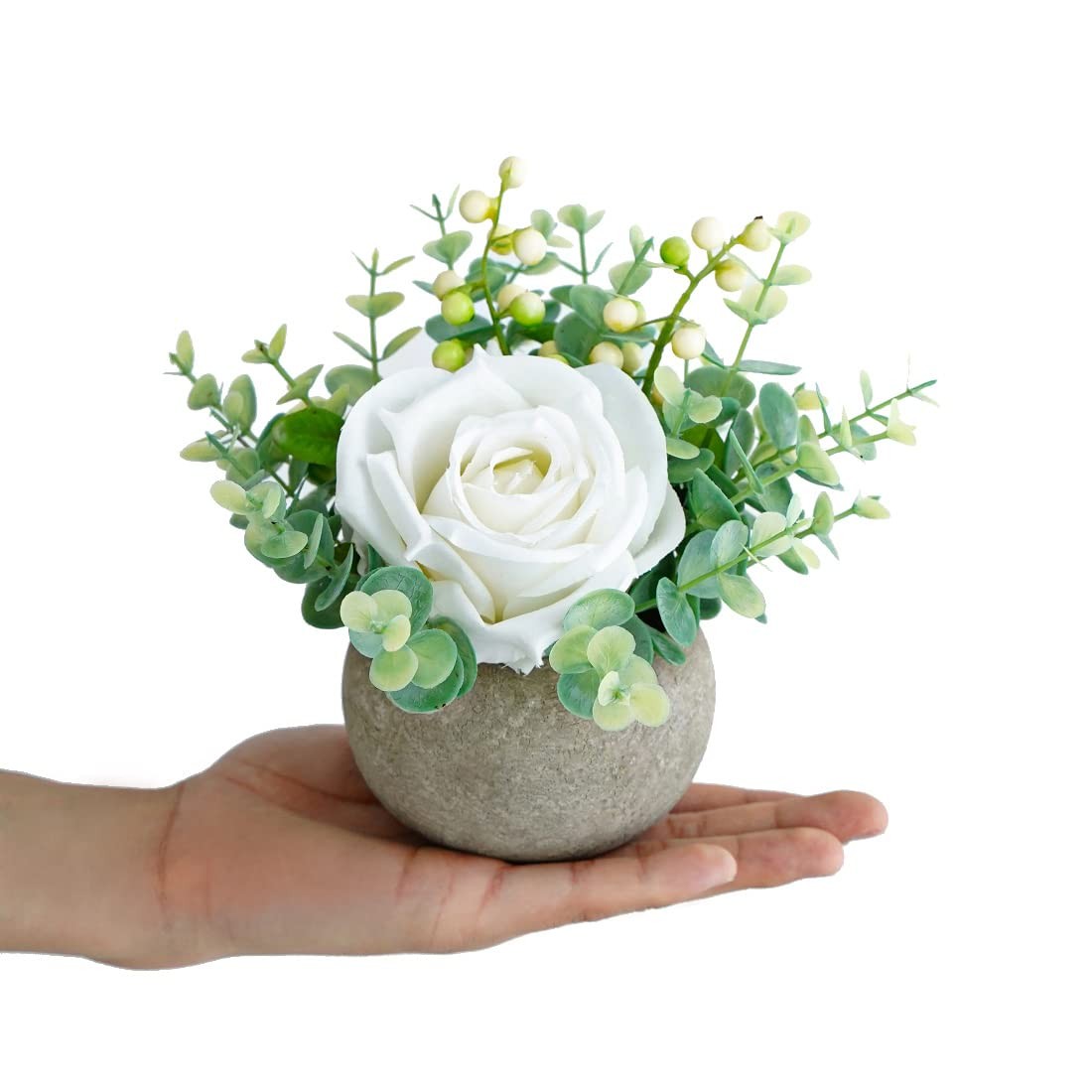 Small Artificial White Rose Potted Plant 6 Inch Fake Silk Flower 3.5 Inch Pot