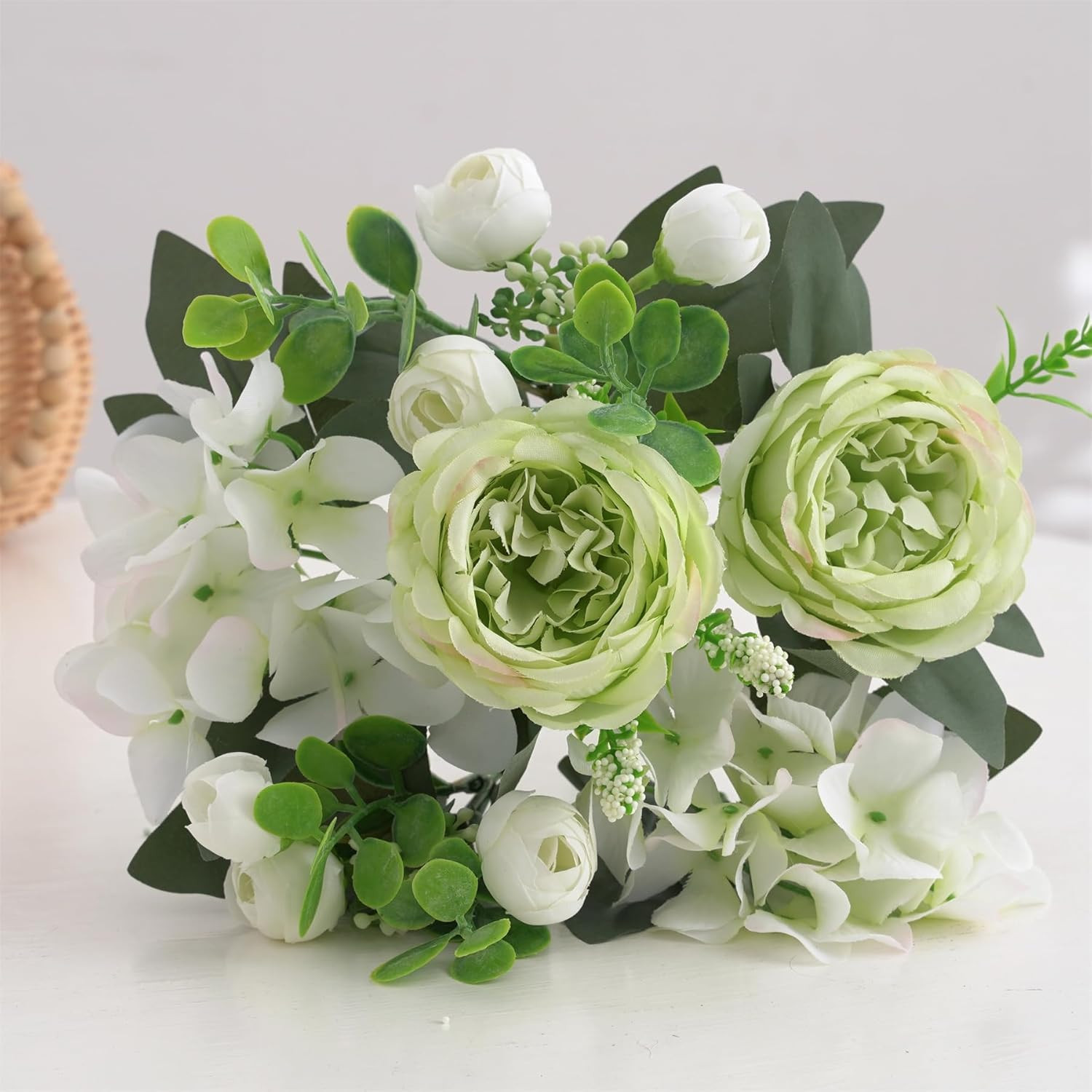 2 Bunches Green Peony Artificial Flowers for Decoration Faux Rose Fake Bouquet S