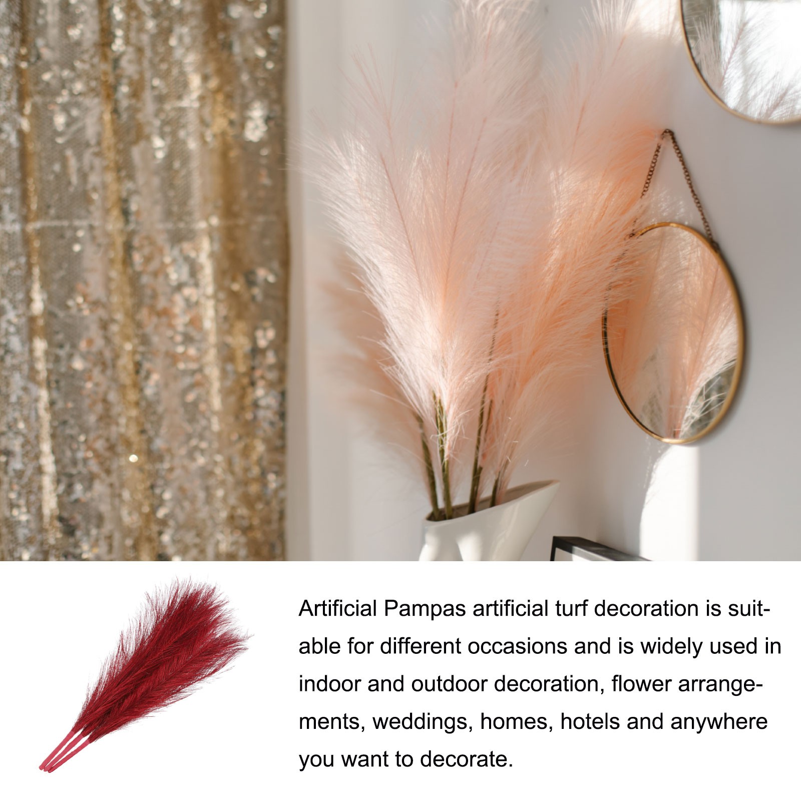 Faux Pampas Grass Fake Pampas Grass Decor, 17.7″/45cm / Red / 3 Pcs
