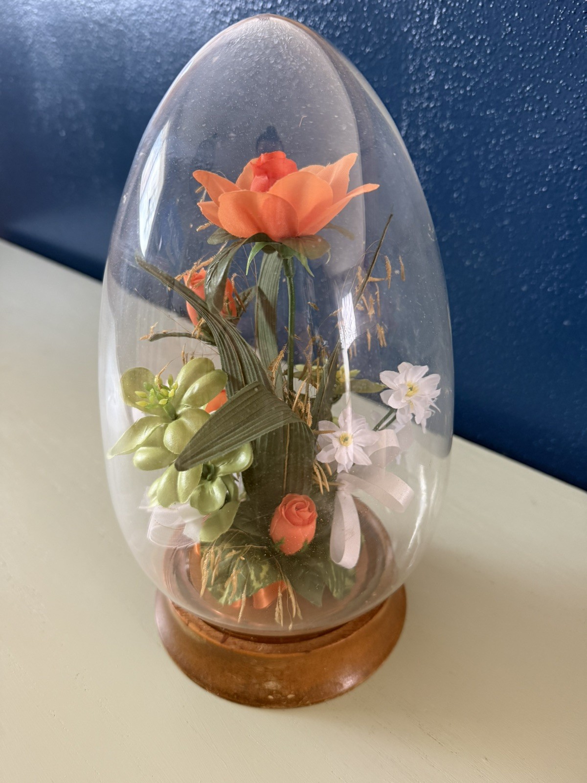 Vintage MCM Silk Orange Flowers Ribbon Wooden Base Glass Dome Arrangement 10.5″