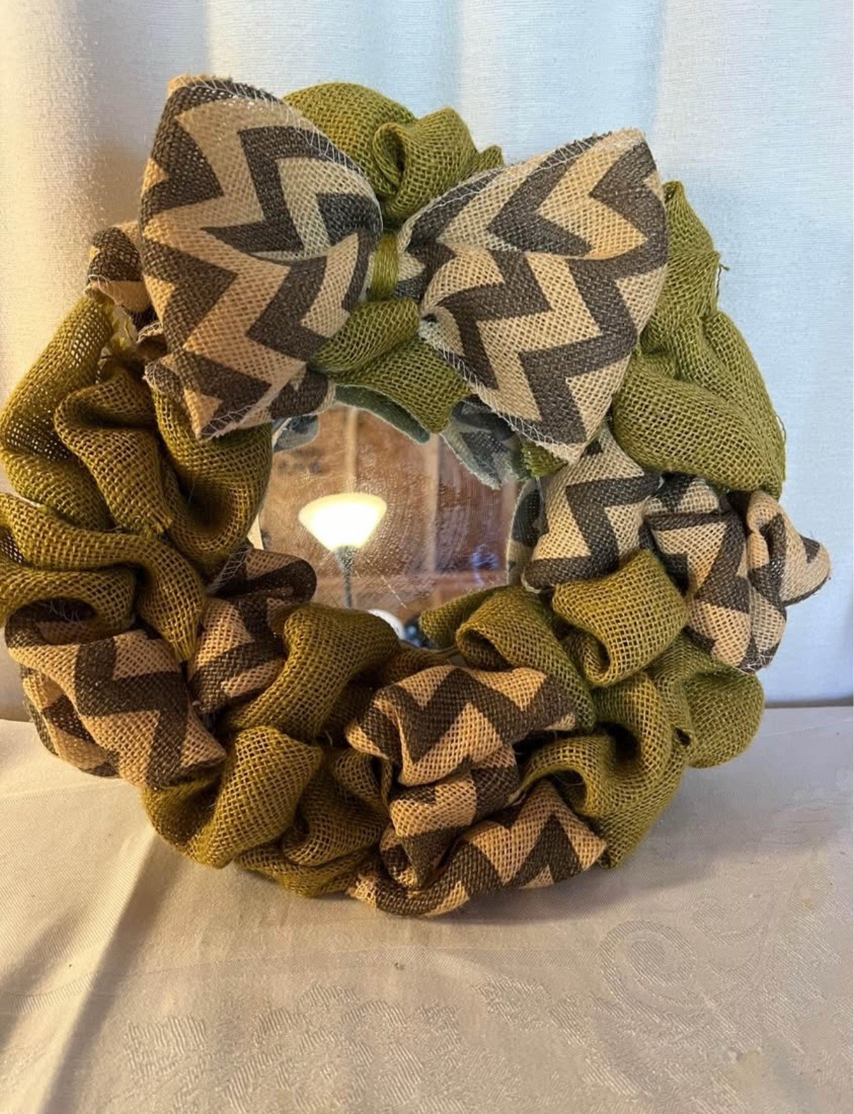 handmade burlap wreath green & tan with mirror in middle 14: diameter