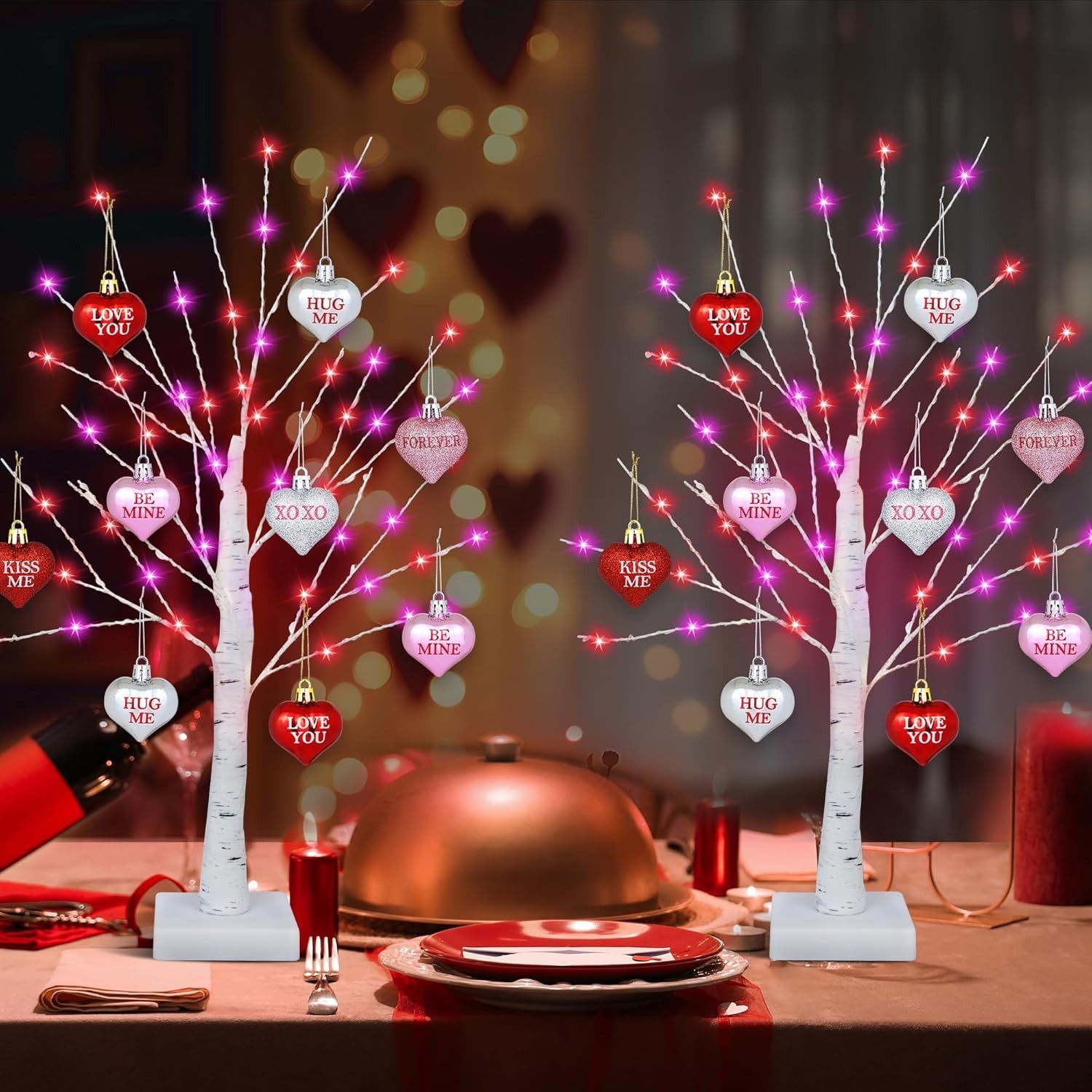 2 Pack 24in Valentine’s LED Tree with 65 Lights, Timer, USB & Battery, 18 Hearts