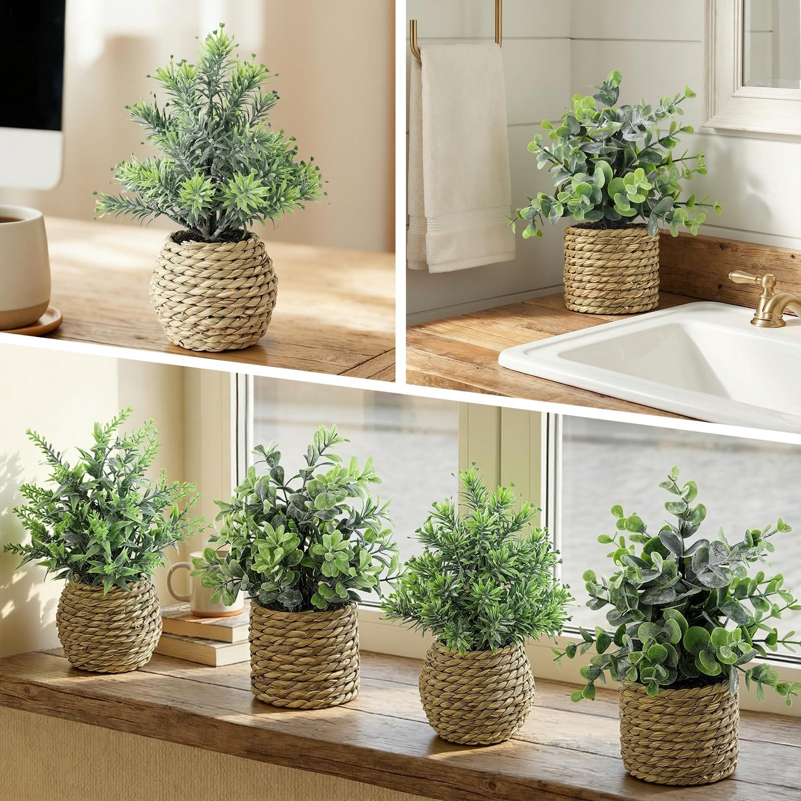 Small Fake Plants, 4 Pack Artificial Plants in Handwoven Seagrass Baskets