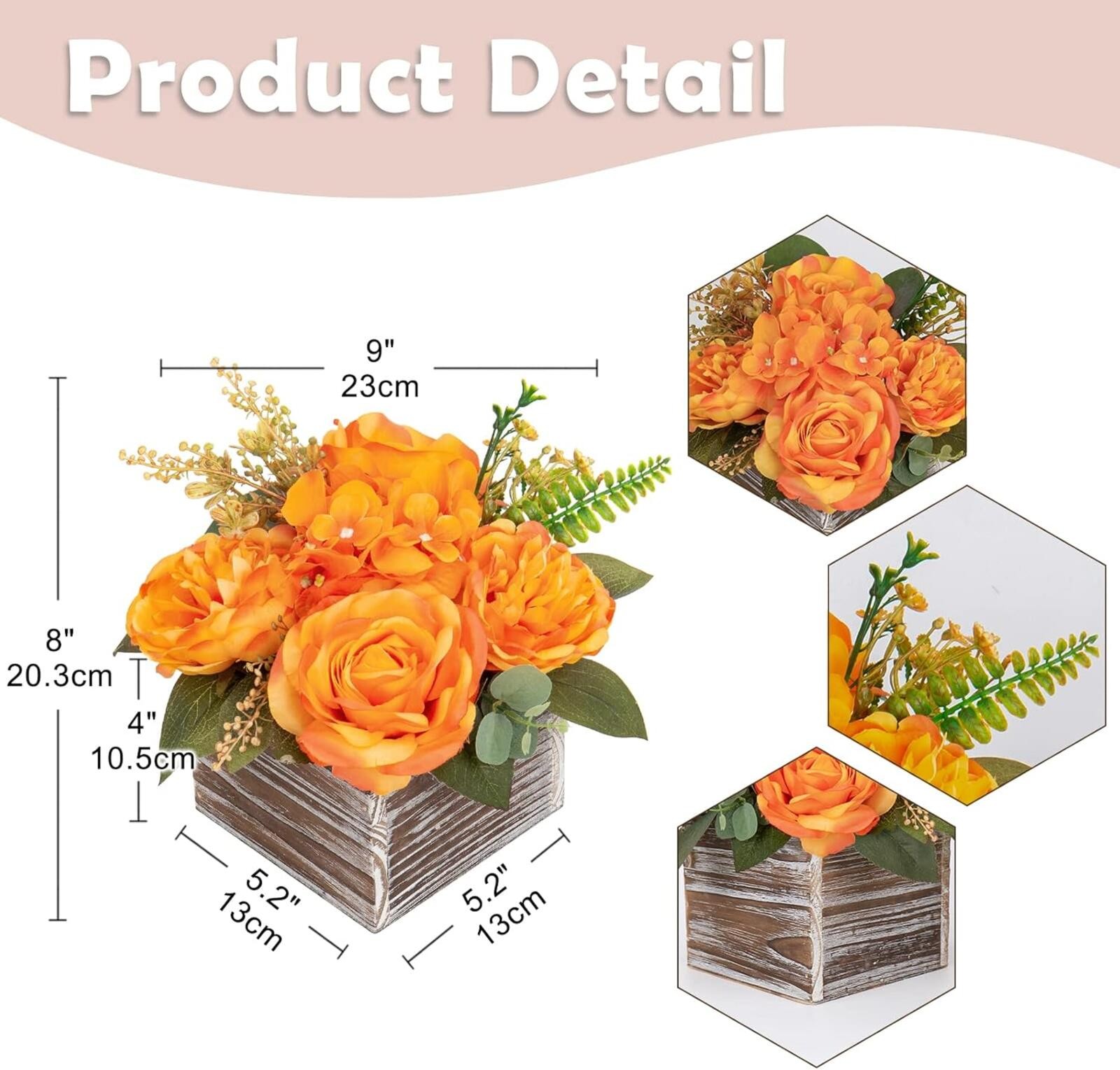 Artificial Flower Arrangement, 8” Orange Roses Peonies Hydrangeas in Wooden