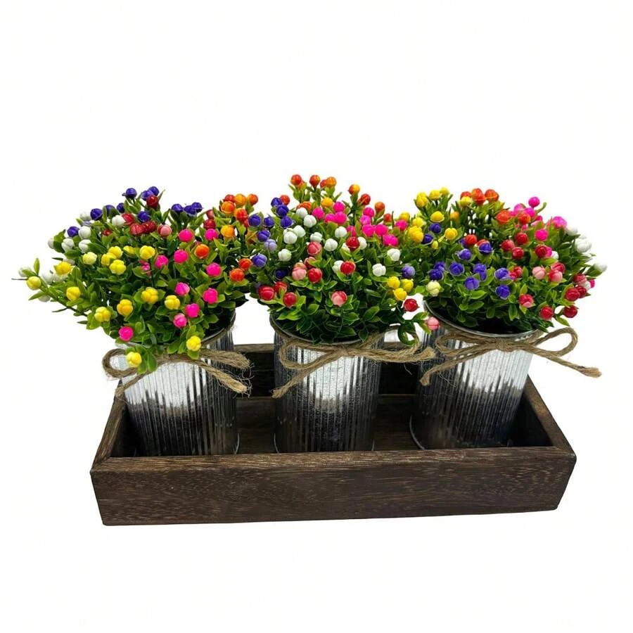 Set Of 3 Artificial Milan Bouquets Wood Tray Table Centerpiece Flower