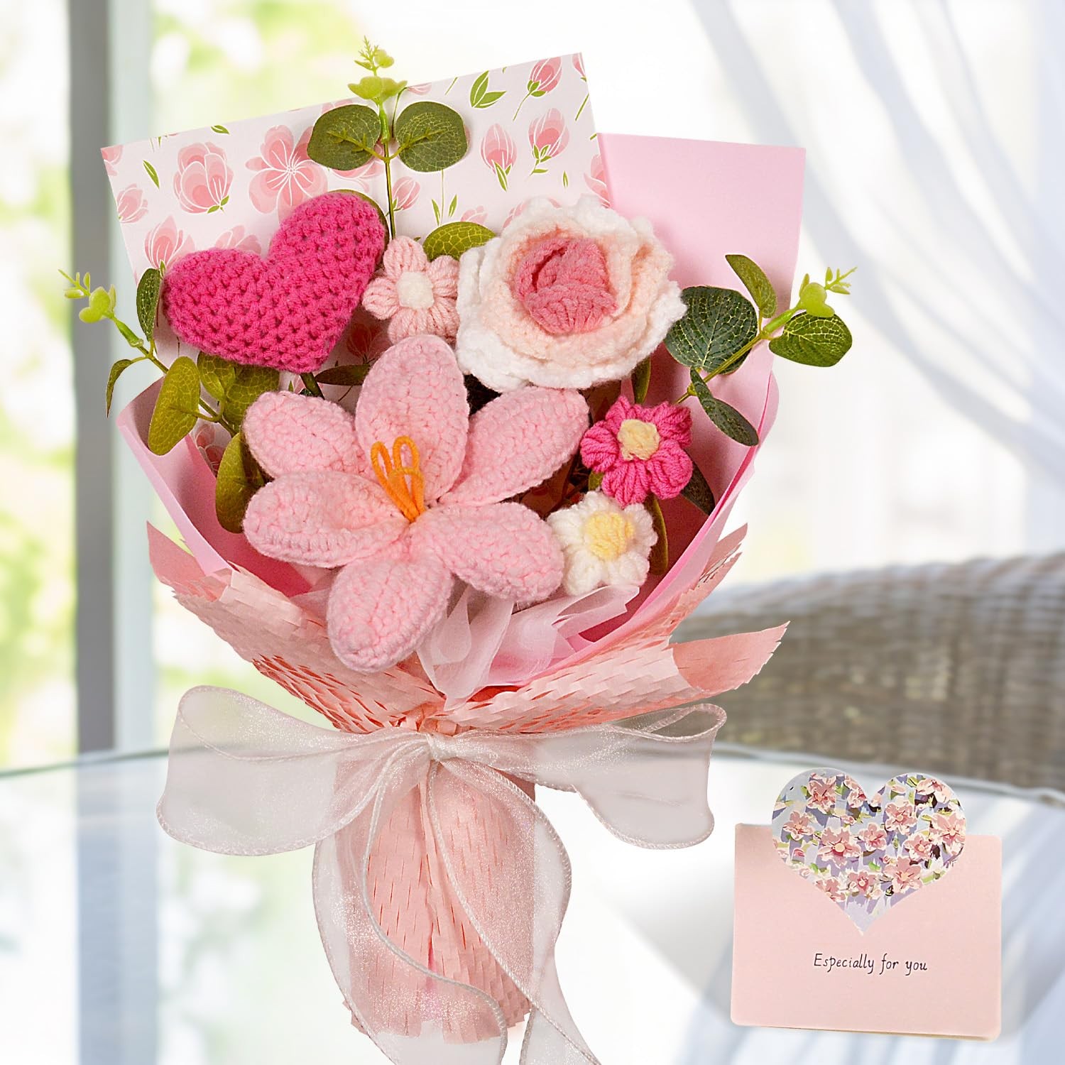 Pink Crochet Flower Bouquet Tulip Rose Daisy Knitted Gift Valentines Day