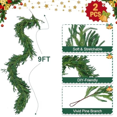 9 Ft Pcs Artificial Norfolk Pine Garlands, Realistic Pine Garland, 9 FT 2