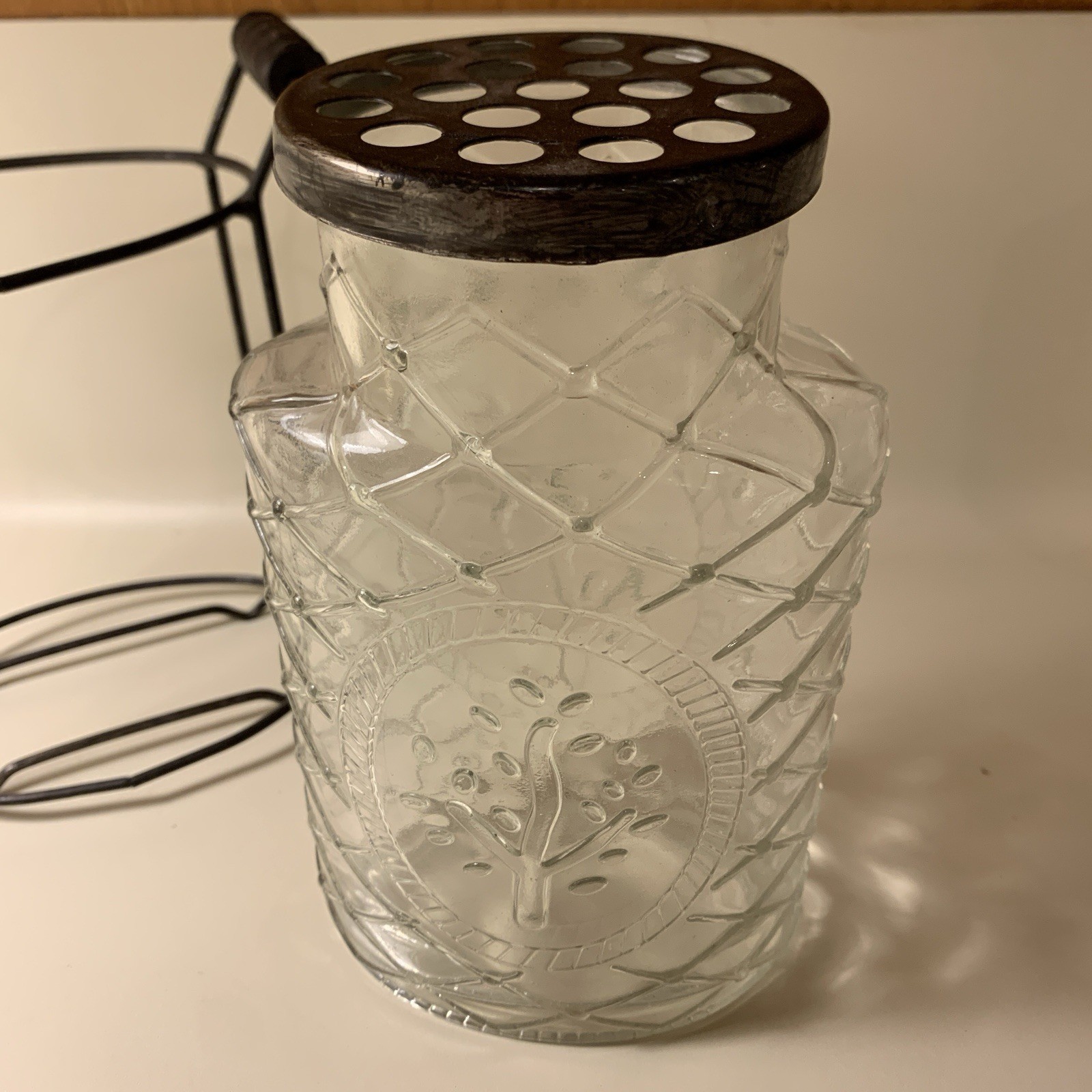 Vtg Tree Embossed Flower Arranging FROG Vase Glass Jar Metal Lid Wood Accent