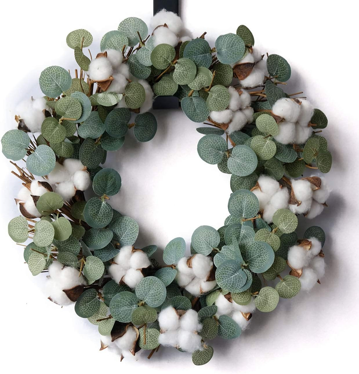 Eucalyptus and Cotton Wreath, 14 Inches Artificial Wreath on a Natural Twig Base