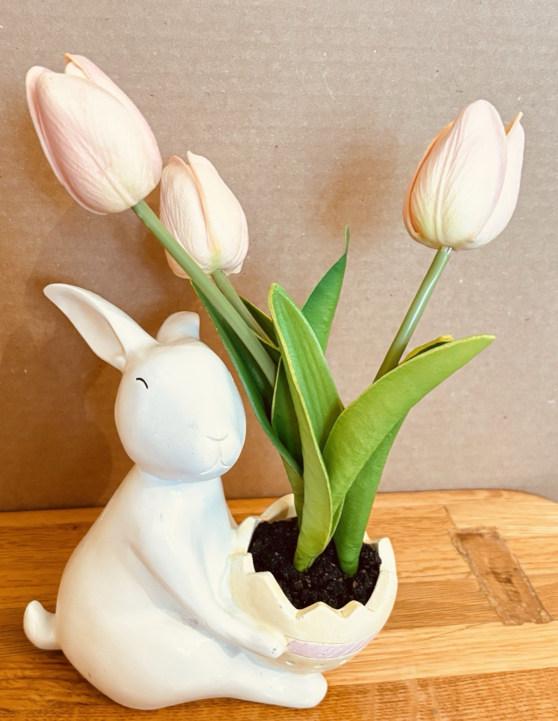 Easter Bunny Ceramic Planter Pink Tulips Spring Decor Table Centerpiece