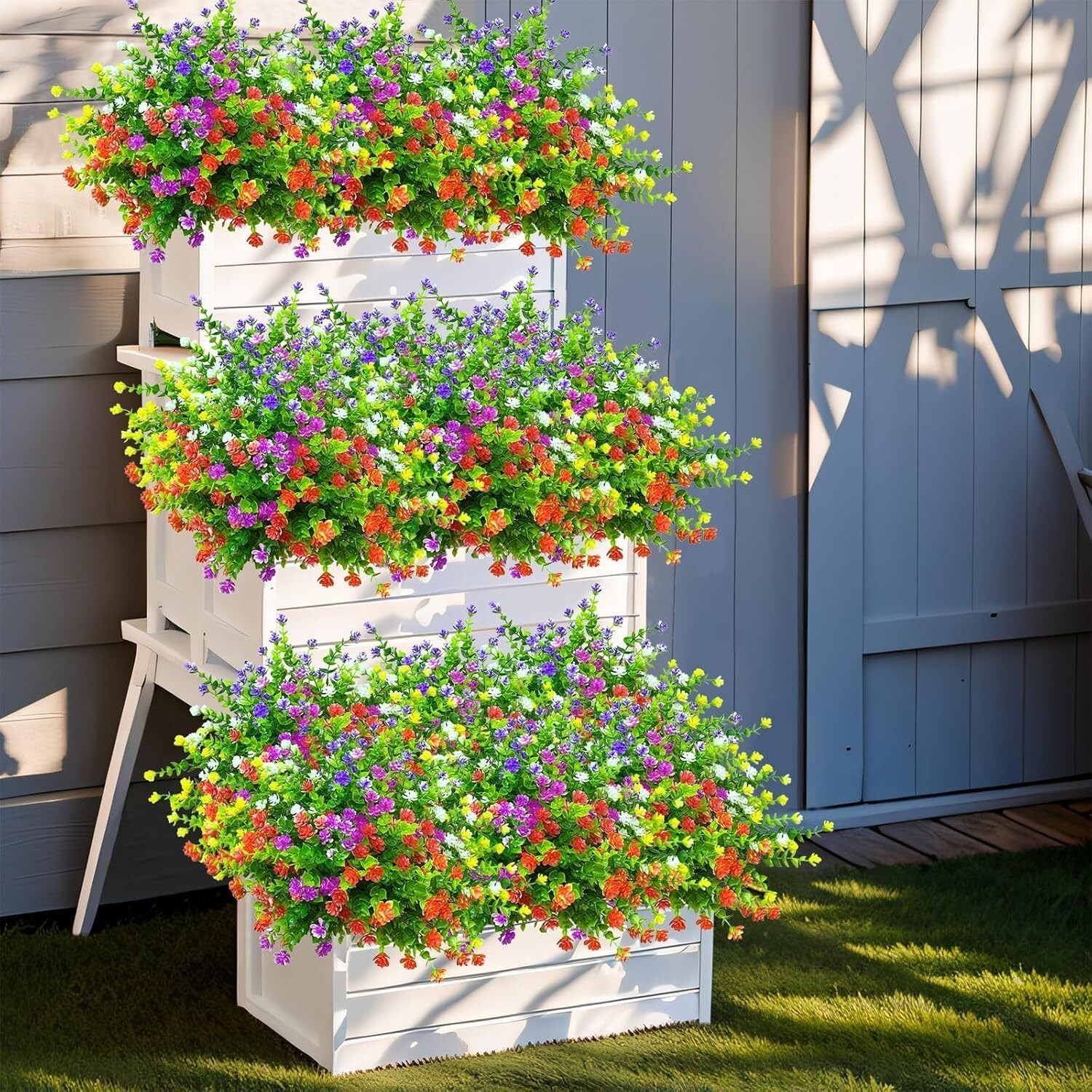 12Bundles Outdoor Artificial Flowers Mix-Colored Faux Greenery Plants Home Decor