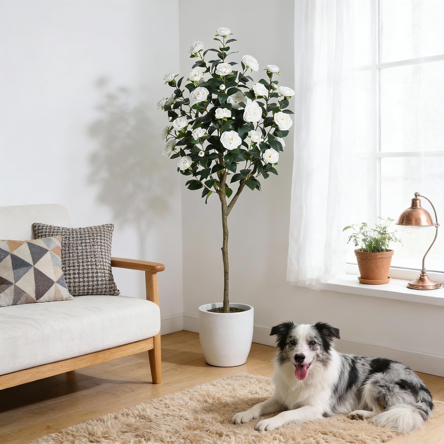 5FT Artificial Camellia Tree Faux White Camellia Plant in Pot for Home Outdoor