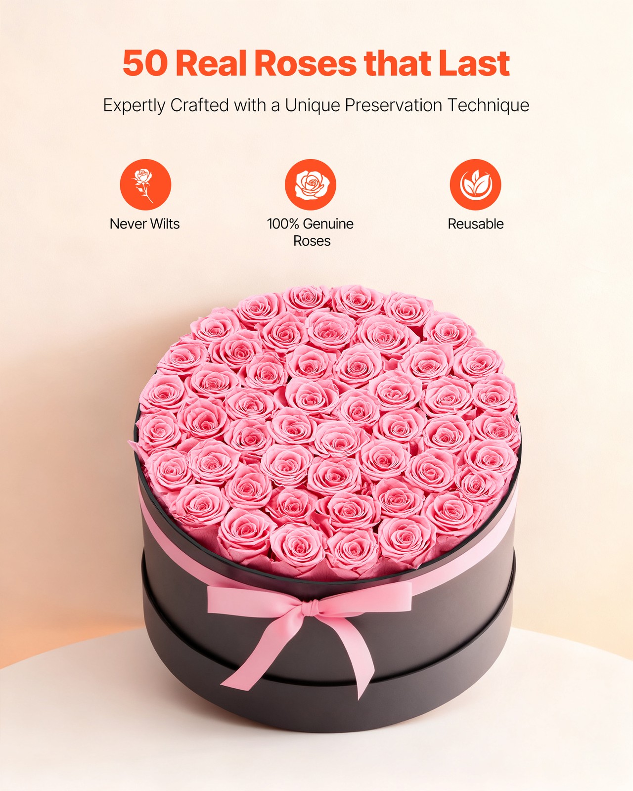VEVOR Forever Flowers 50 Preserved Roses Round Box Eternal Bouquet Sweet Pink