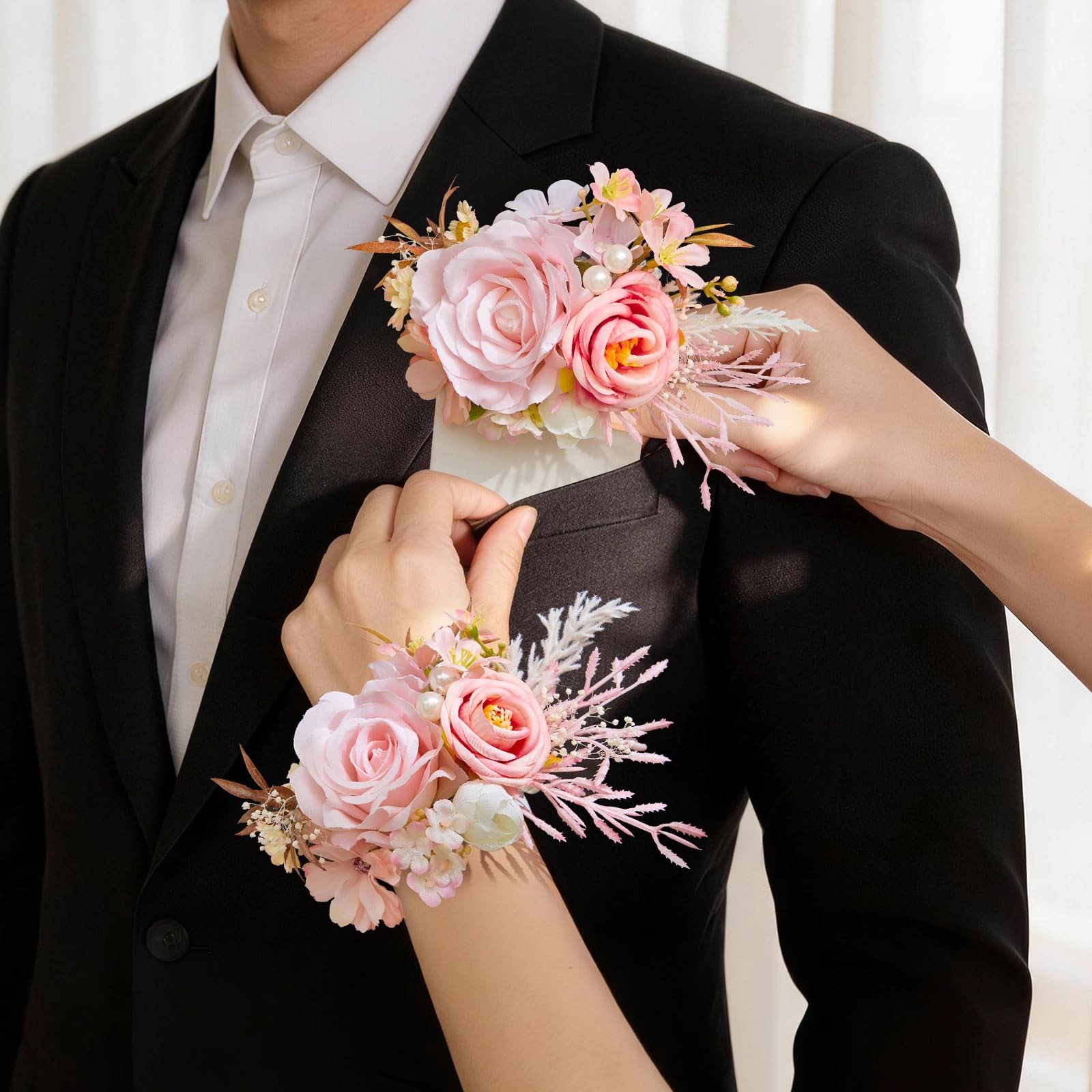 Pink Rose Corsage and Boutonniere Set for Prom Wedding Graduation 2 PCS
