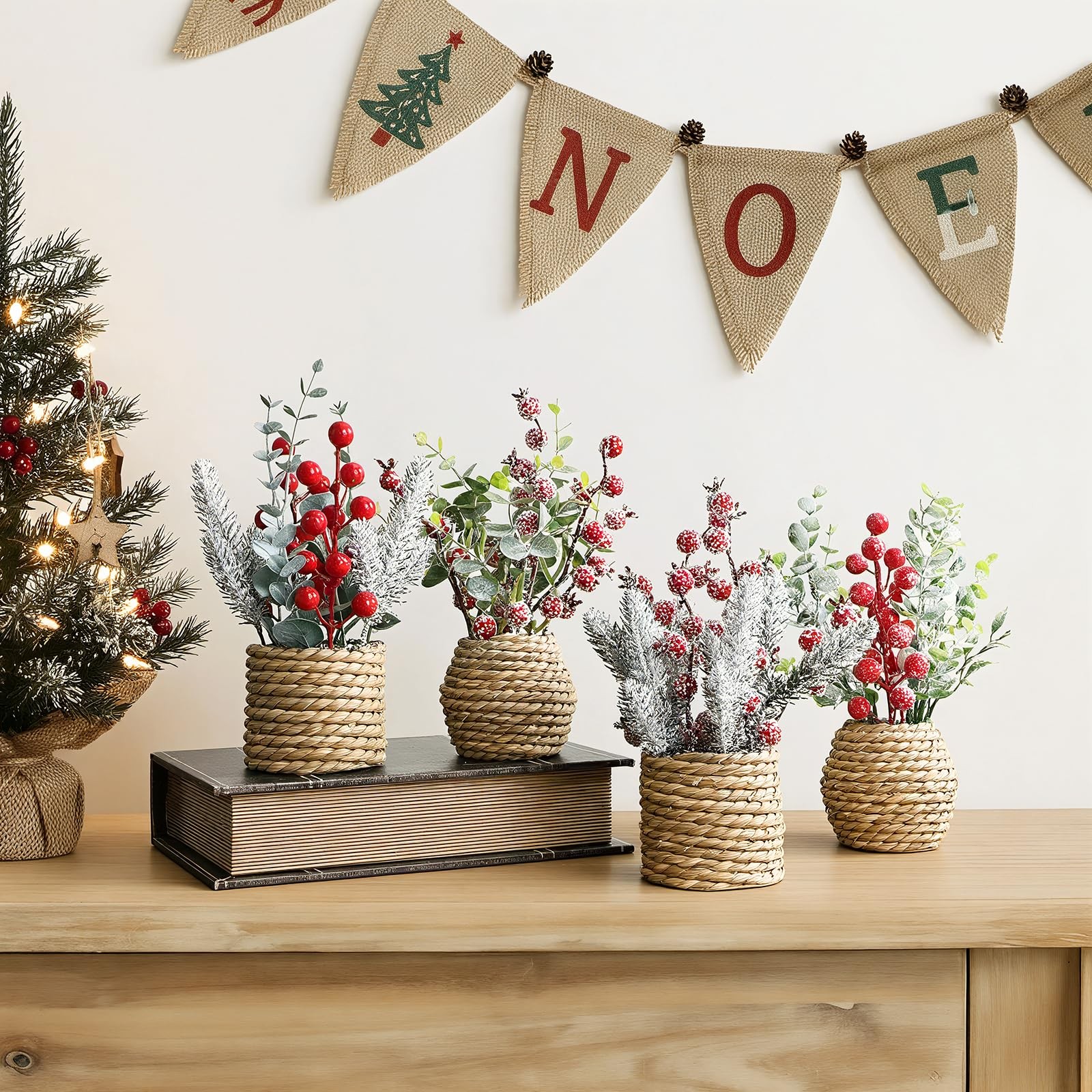 4 Pack Christmas Table Decorations, 9 Small Christmas Tree with Pine Cone Ber…