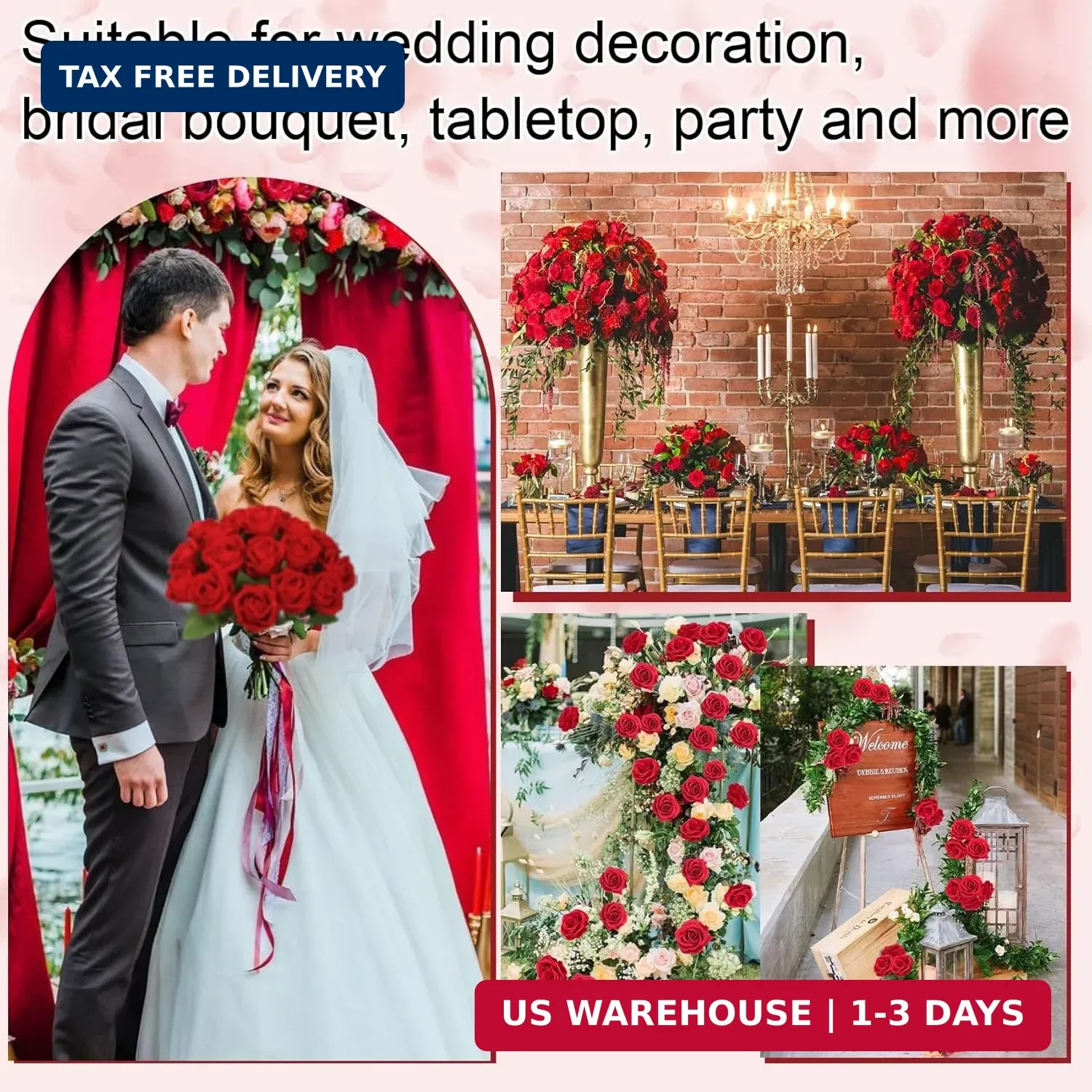 Ouddy Decor 50 Pcs Fake Red Roses Artificial Flowers Bulk Real Touch Velvet Silk