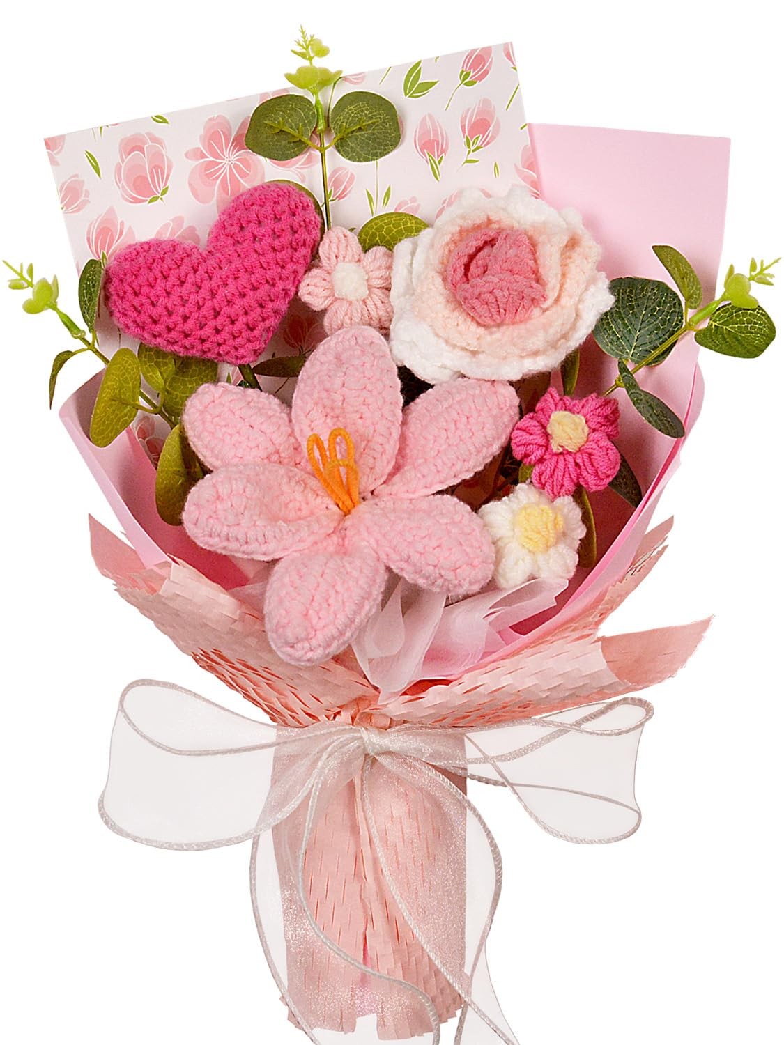 Pink Crochet Flower Bouquet Tulip Rose Daisy Knitted Gift Valentines Day