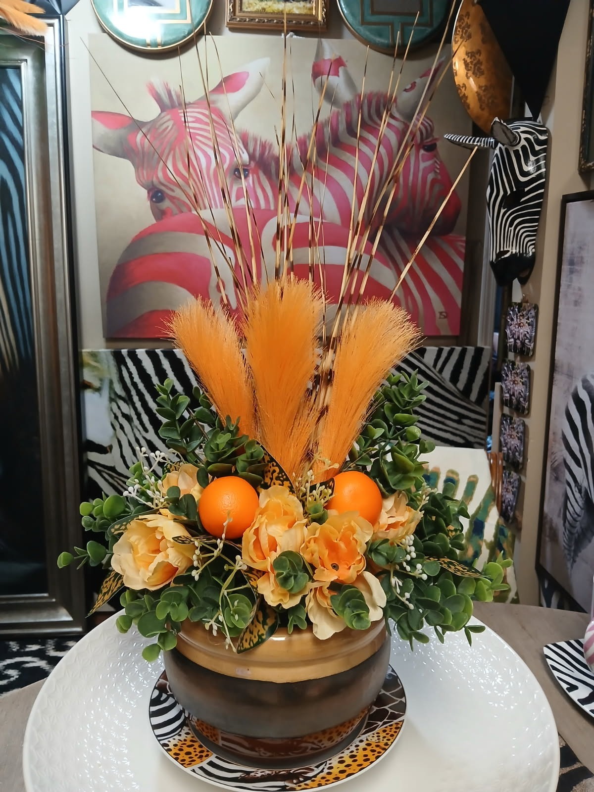 Bold Safari Faux Floral Arrangement in Ceramic Pot Orange & Green Accents