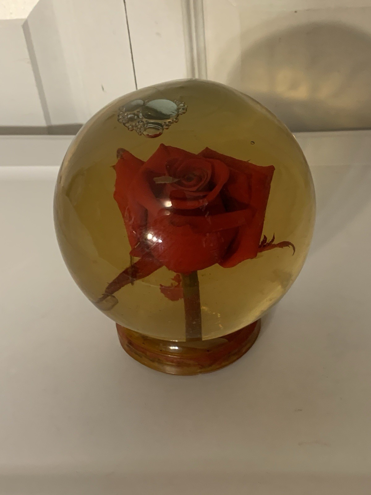 Vtg Forever Red ROSE In Glass Ball Water Dome Globe Large Real Rose 6×6 in.