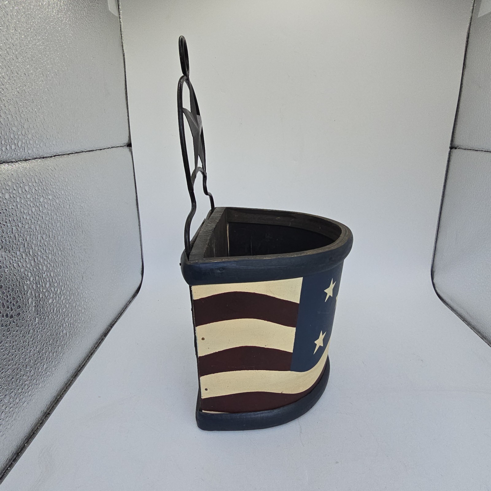 Primitive Patriotic Hanging Wood Metal American Flag Box Planter Basket Shelf