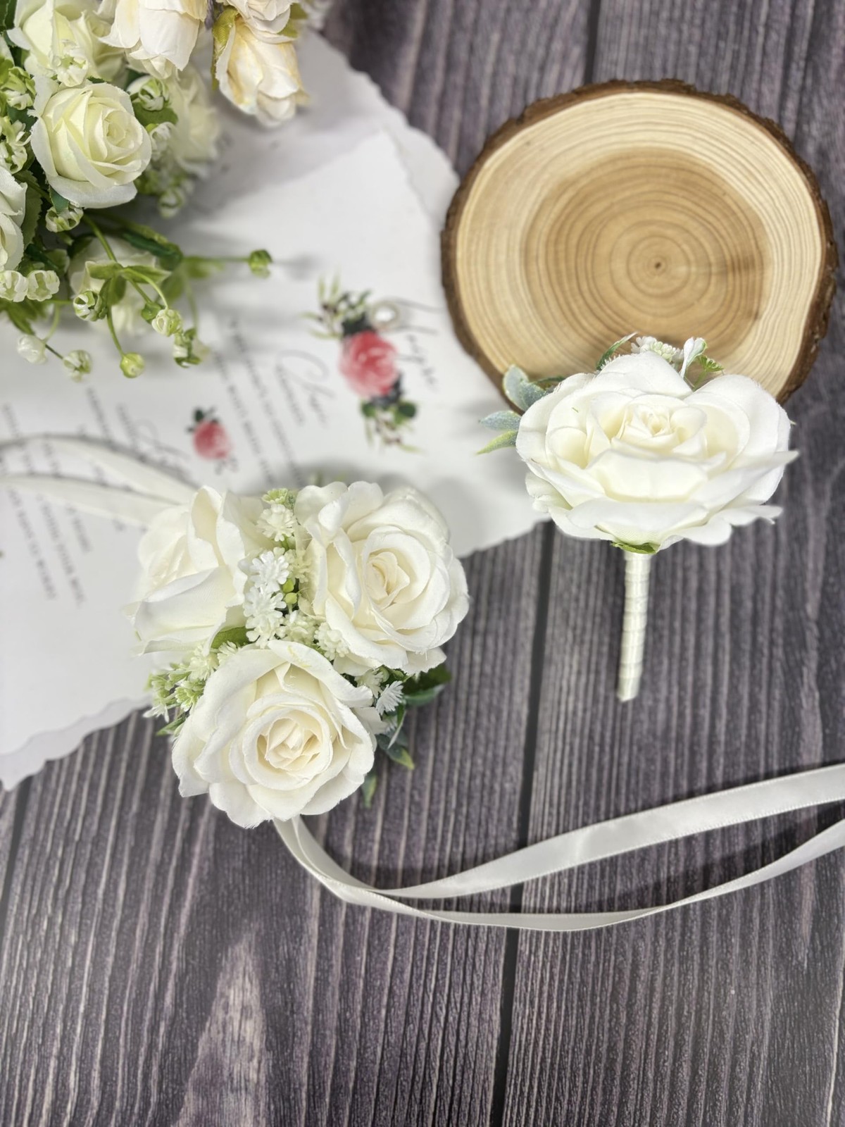 White Rose Corsage and Boutonniere Set with Green Leaves for Wedding Flower A…