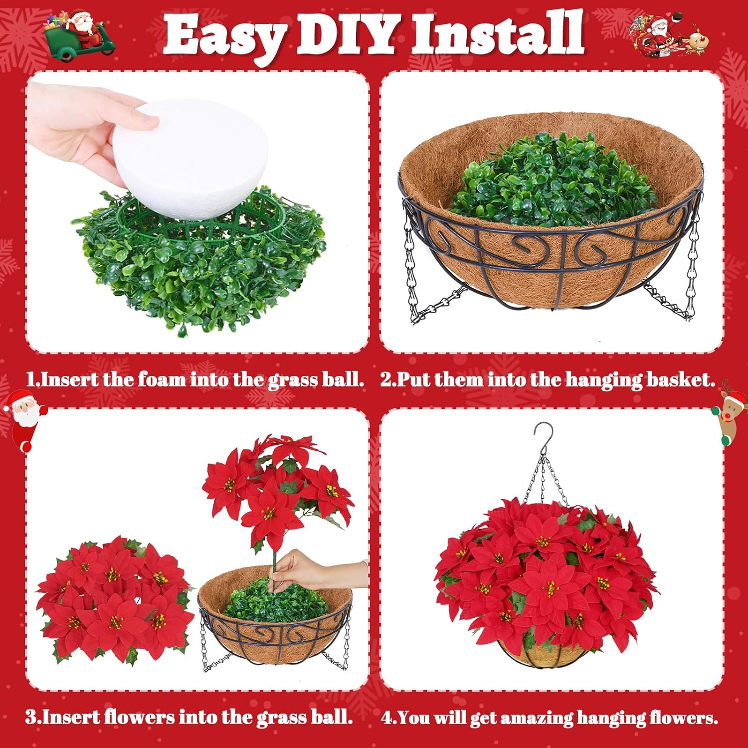 Hanging Red Poinsettias with Basket – UV Resistant Xmas Decor for Outdoors