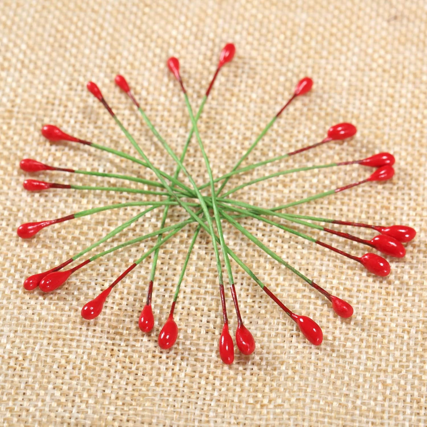 100Pcs Artificial round Flower Stamens Red Double Sided Holly Berries on Wire Wr
