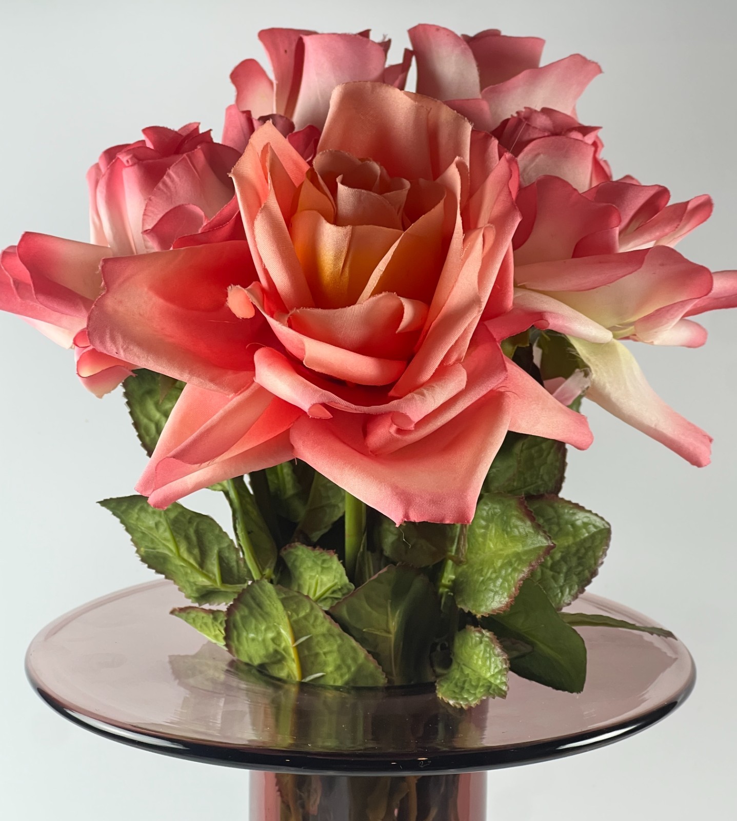 5 True VINTAGE long stem silk roses pink peach cream ombre thorn faux artificial