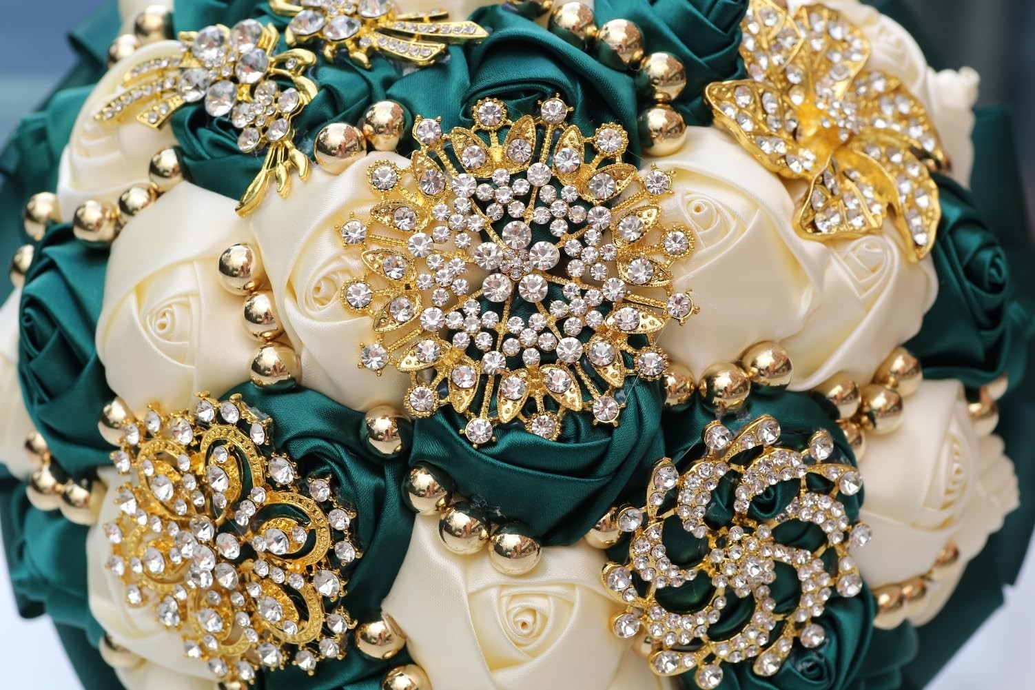 Emerald Green and Ivory Bridal Wedding Bouquet with Gold Brooch Rhinestone