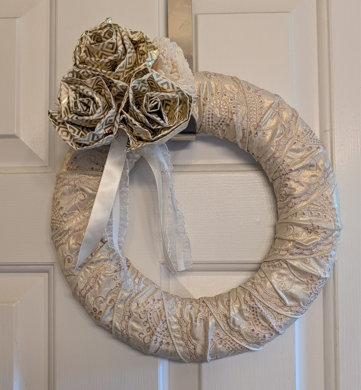 11″ handmade wreath gold, cream & white colored ribbon flowers wall decor