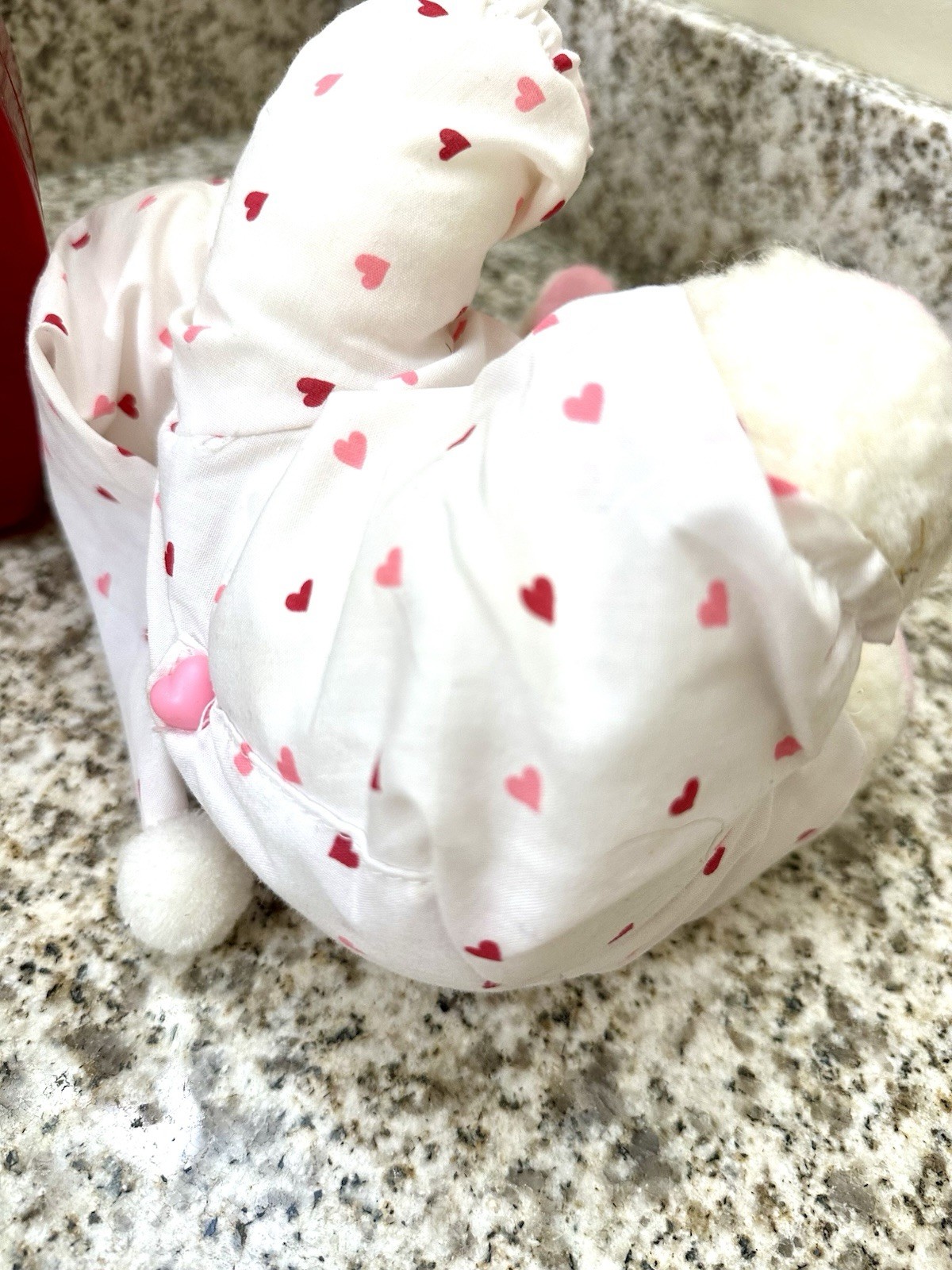 New Stunning Plush Bear In Pj With Satin Flower Arrangement In Red Heart Vase