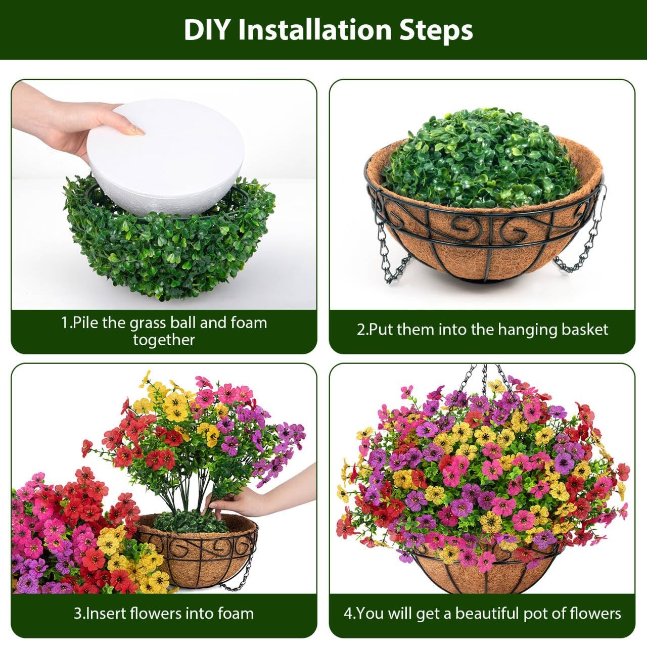 Roberly Artificial Hanging Flowers for Outdoors with Hanging Basket, Mixed | Sil
