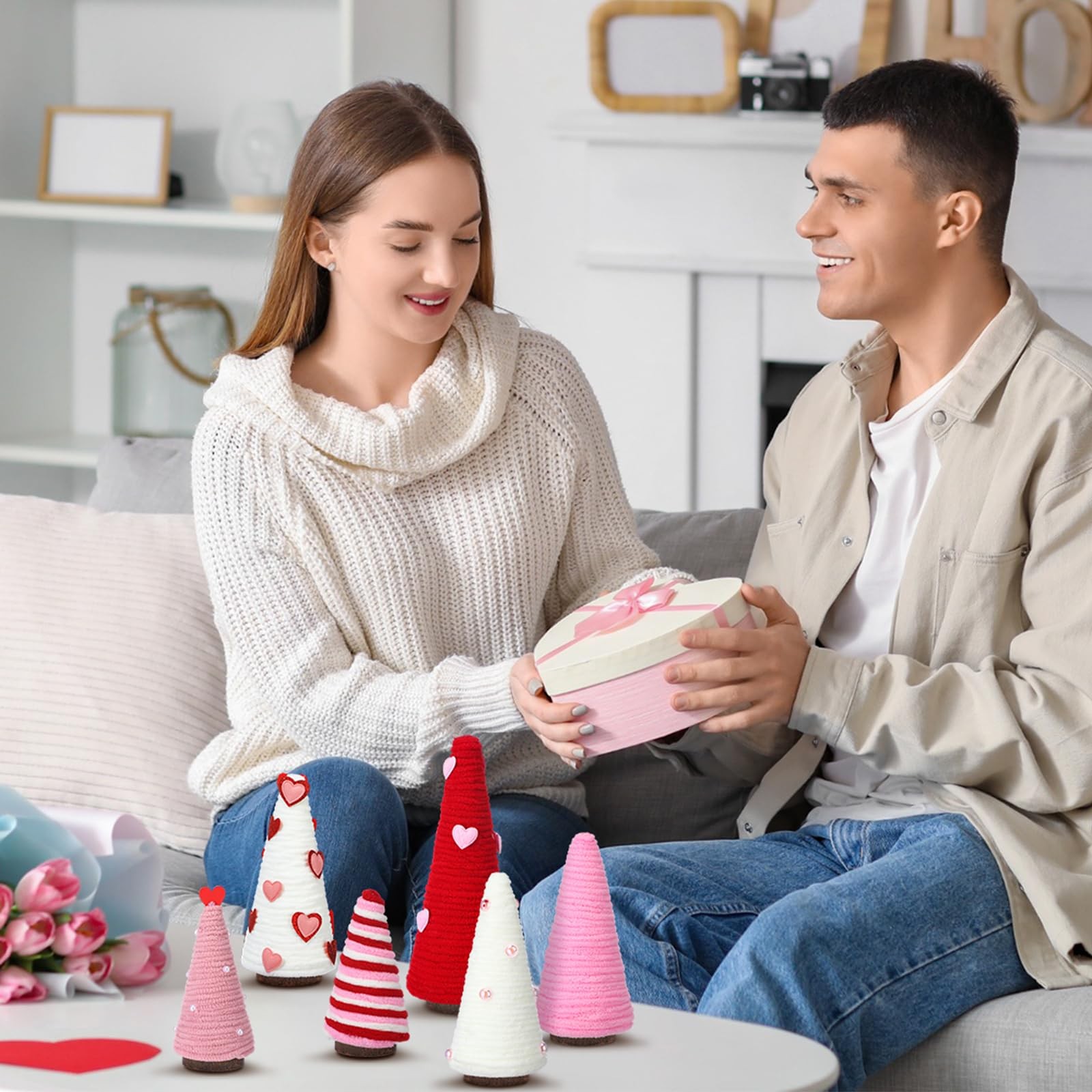 6 PCS Valentine Day Cone Tree Table Decor Mini Yarn Heart Pink Red White