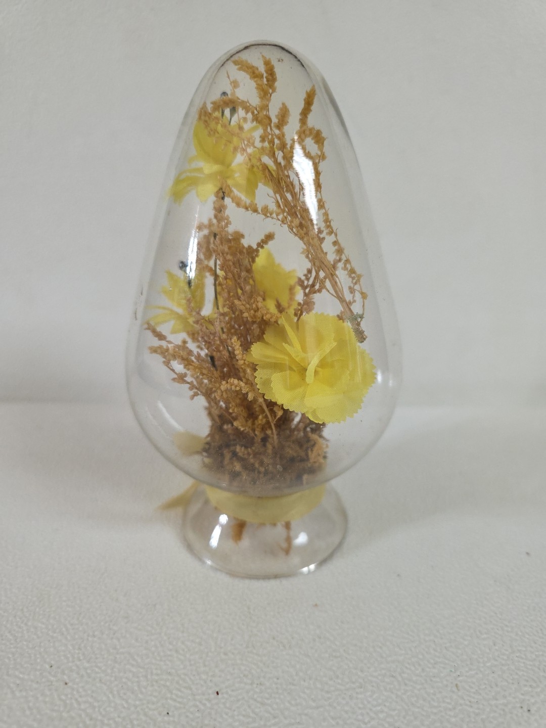 Vintage Clear Glass Dome Egg Cloche with Dried & Silk Flowers Yellow Bow