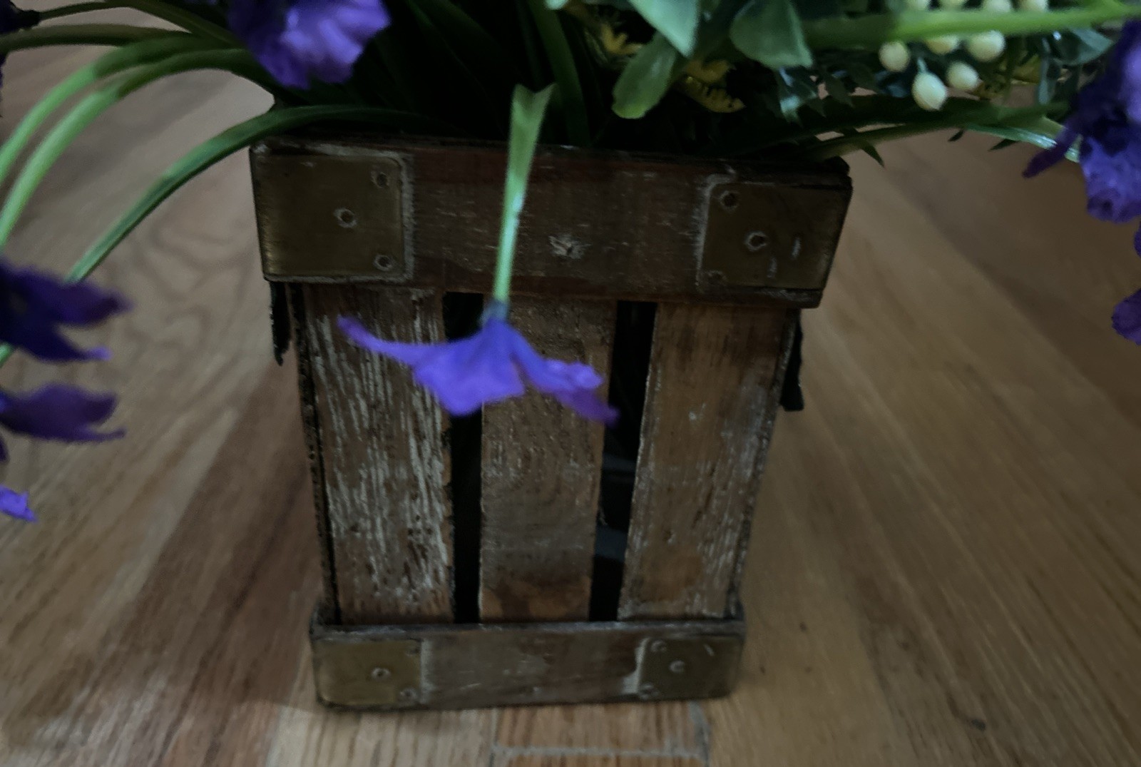 Beautiful Purple & White Floral Arrangement In A Crate With Handle Metal Leaves