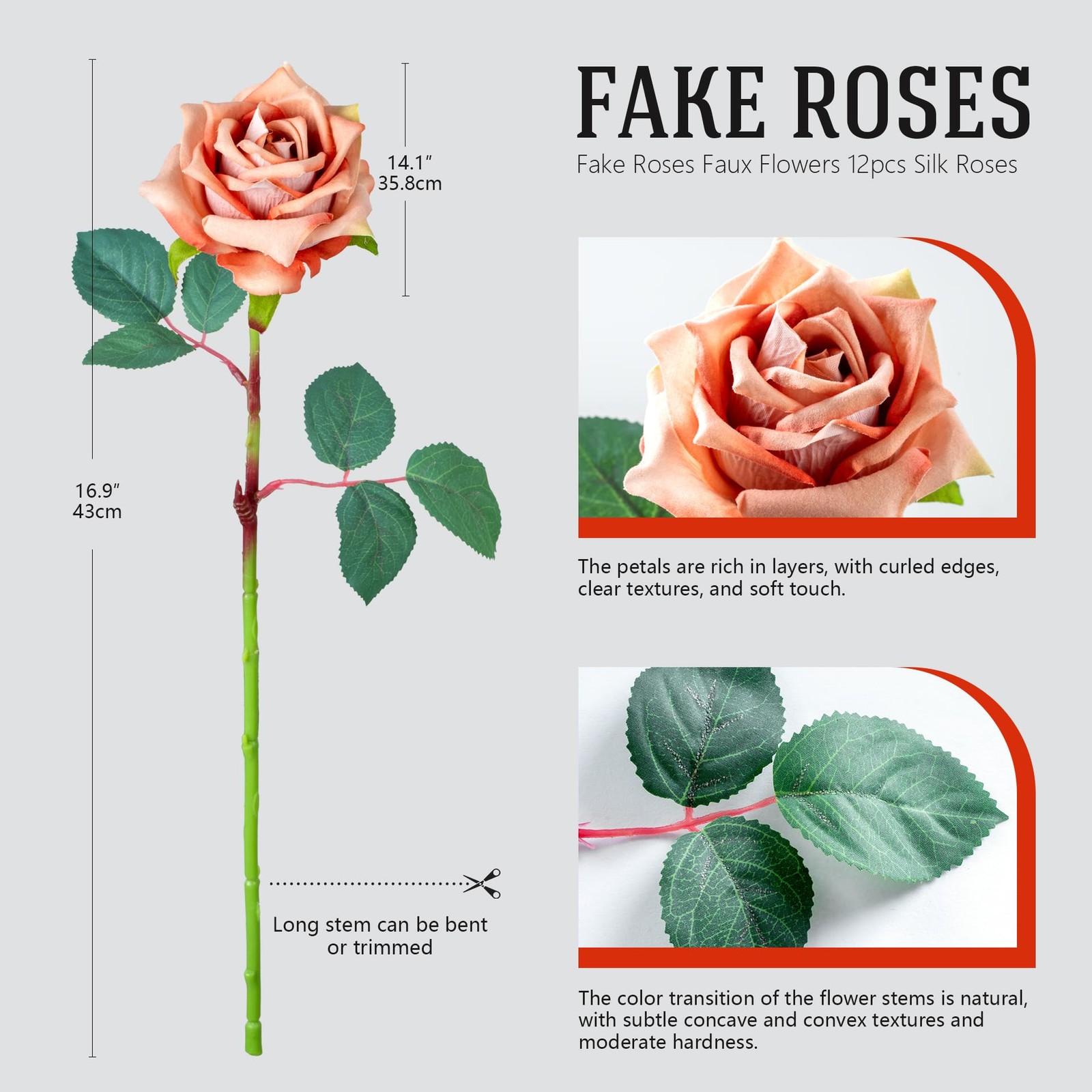 Fake Roses Faux Flowers Silk Roses 16.5In Artificial Roses with Stems Realist…
