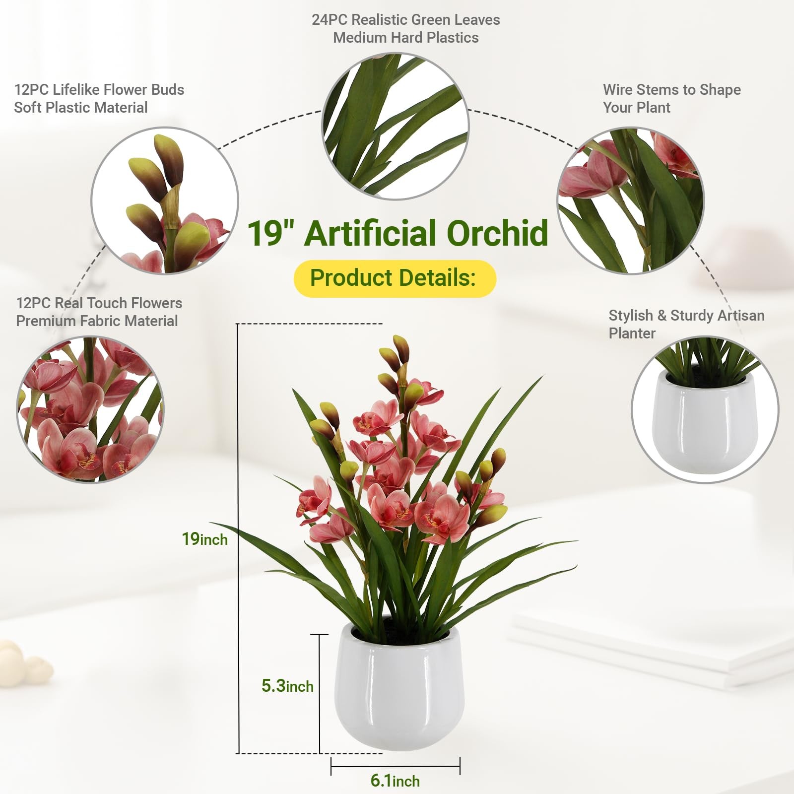 BTHM DSGN Fake Orchid Plant 19″ Tall, Realistic Touch Leaves, Potted Cymbidiu…