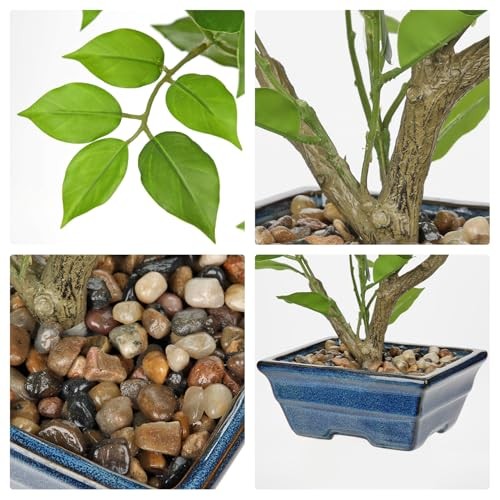 Fake Plants Small Artificial Plants Indoor 15.3″ Fake Potted Green -Blue Pot