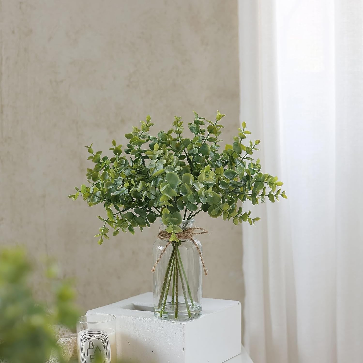 Fake Eucalyptus Stems in Glass Vase with Faux Water,14″ Artificial Plants Euc…