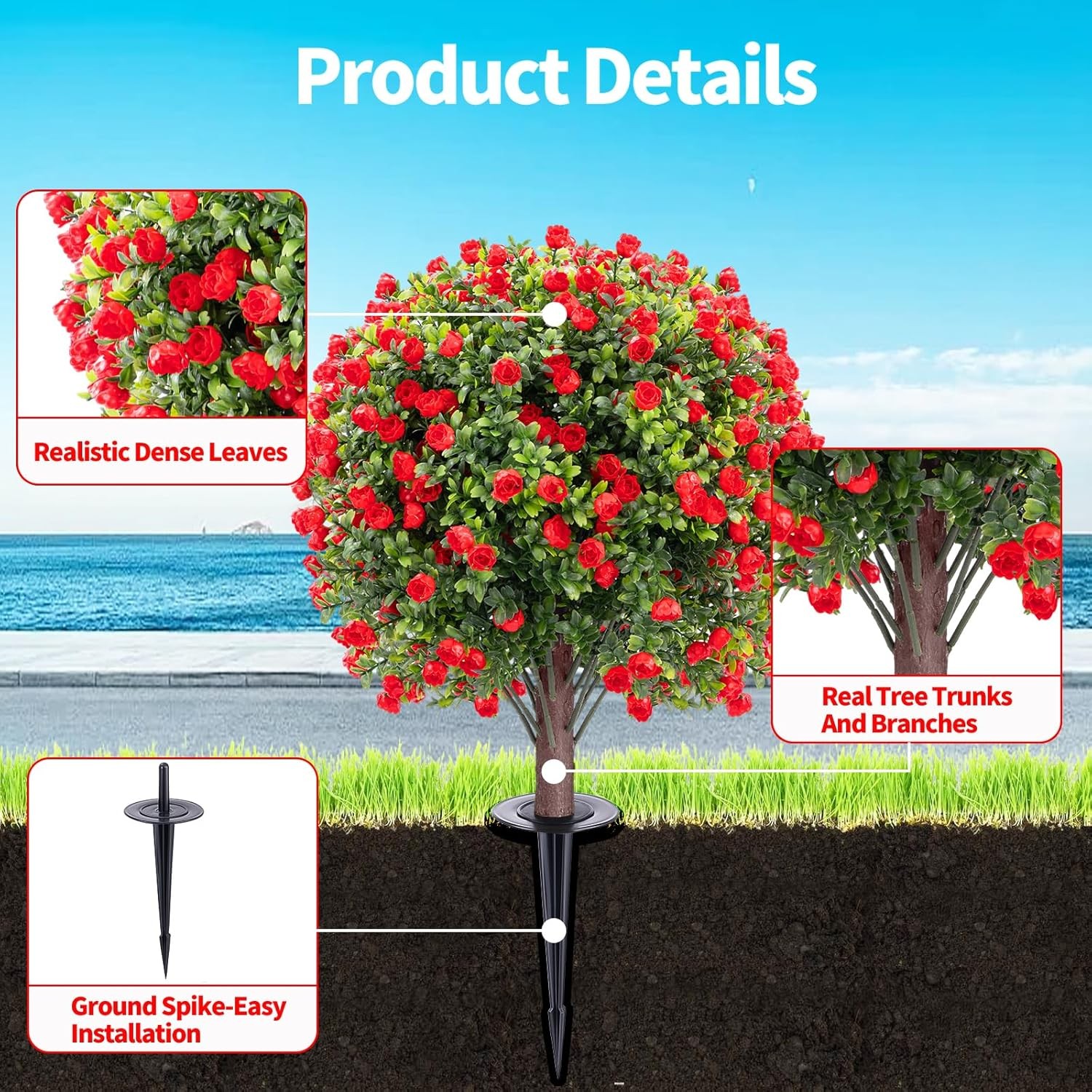 2 Set Artificial Rose Boxwood Topiary Ball Trees with Ground Spike, UV protected
