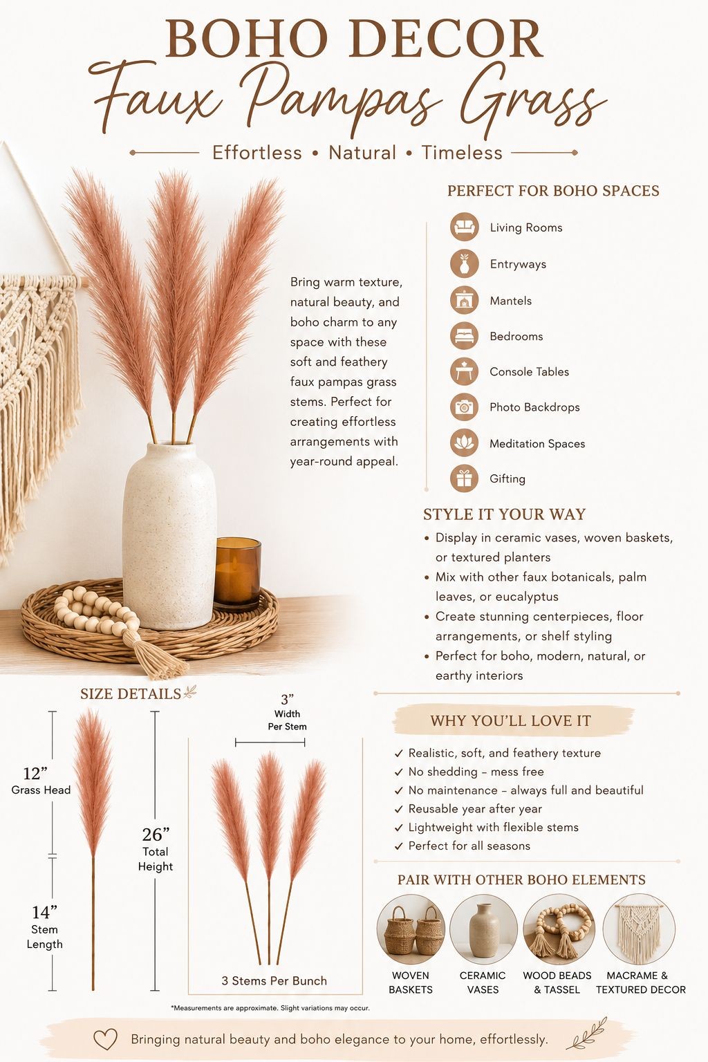 Faux Pampas Grass Bundle | 3 Chestnut Brown Pampas Stems | 26 Inch Tall Artifici