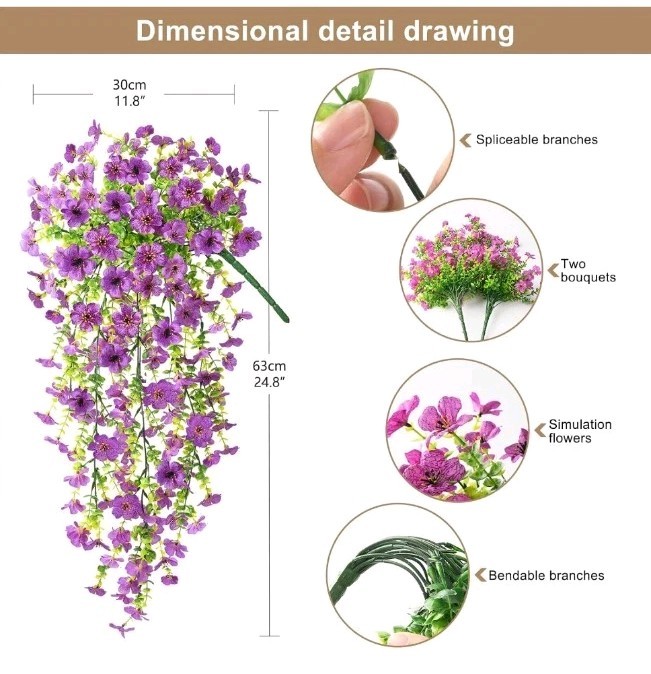 Artificial Hanging Flowers Plants for Outdoor Spring Summer Decoration 2PCS Faux