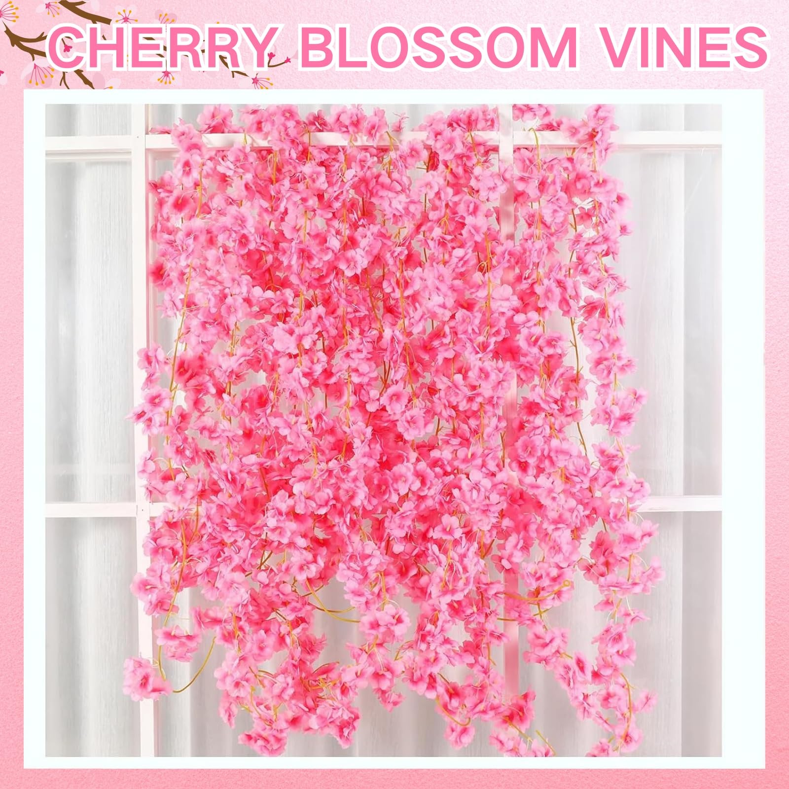 Artificial Cherry Flower Vines, 8Pcs Cherry Blossom Garland Hanging Silk Arti…