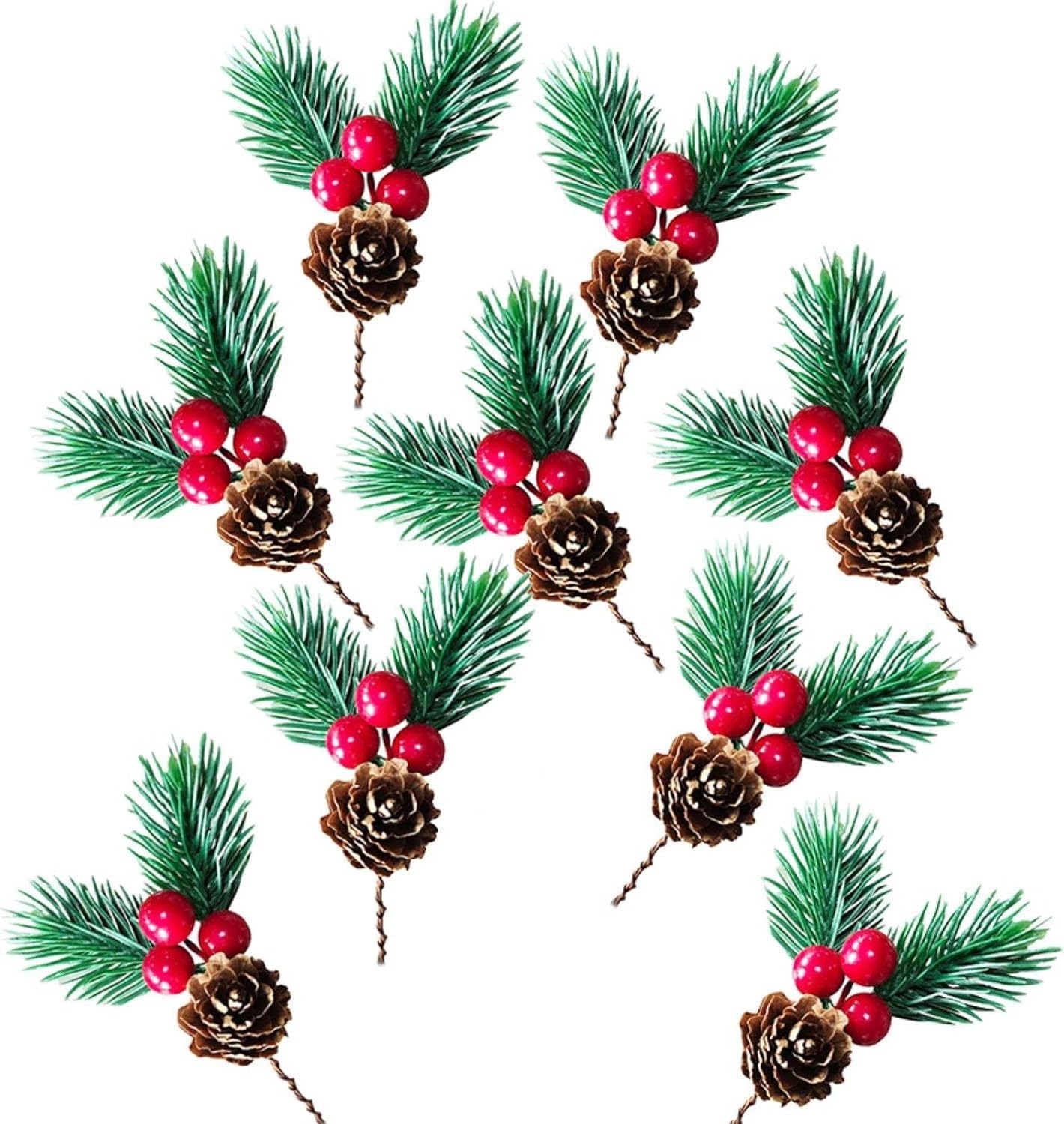 10Pcs Christmas Floral Picks with Pine Cone and Holly , Red Branches with Gre…
