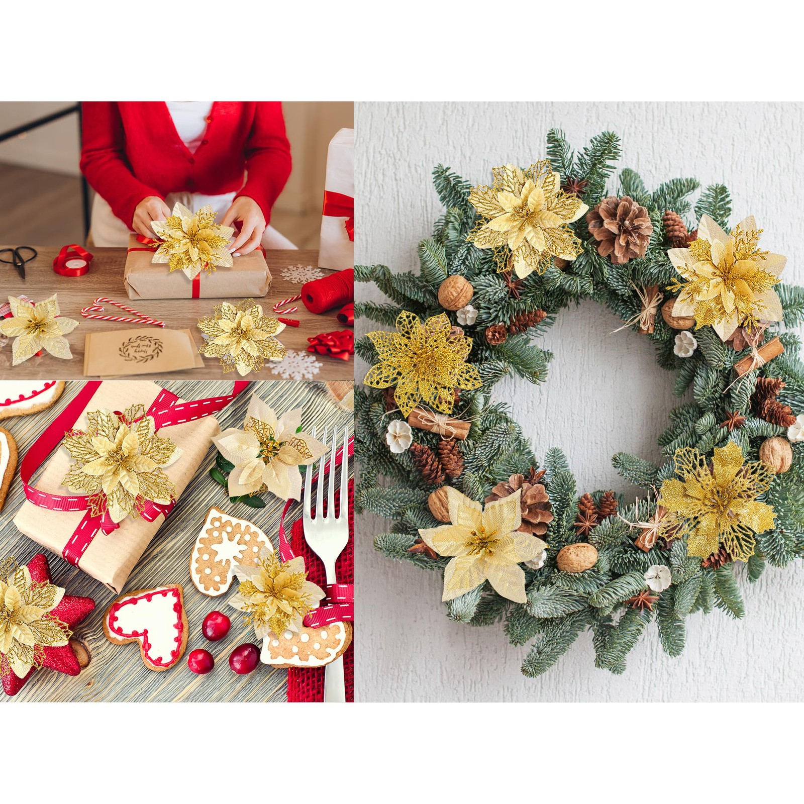 26 PCS Christmas Glitter Poinsettia Artificial Tree Ornament 16 Yd Ribbon