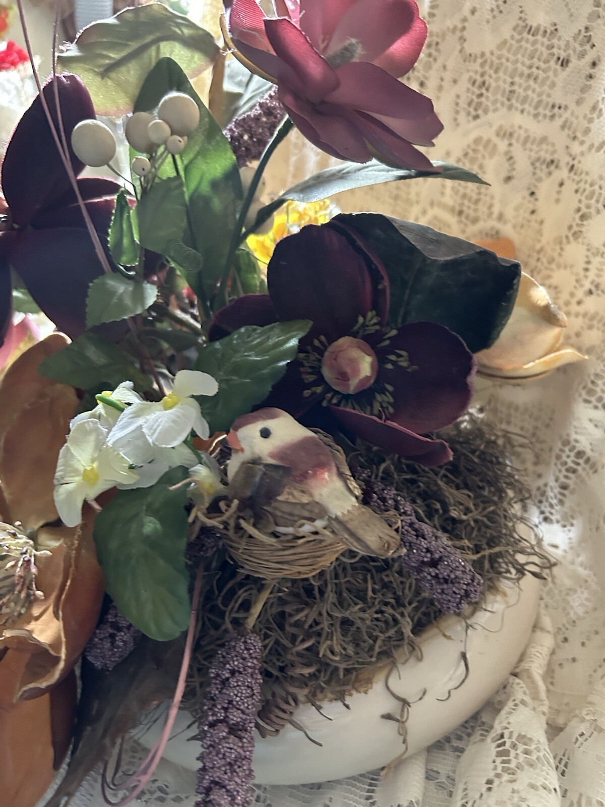 Exotic Artificial Floral Arrangement In A Porcelain Dish Made In Portugal