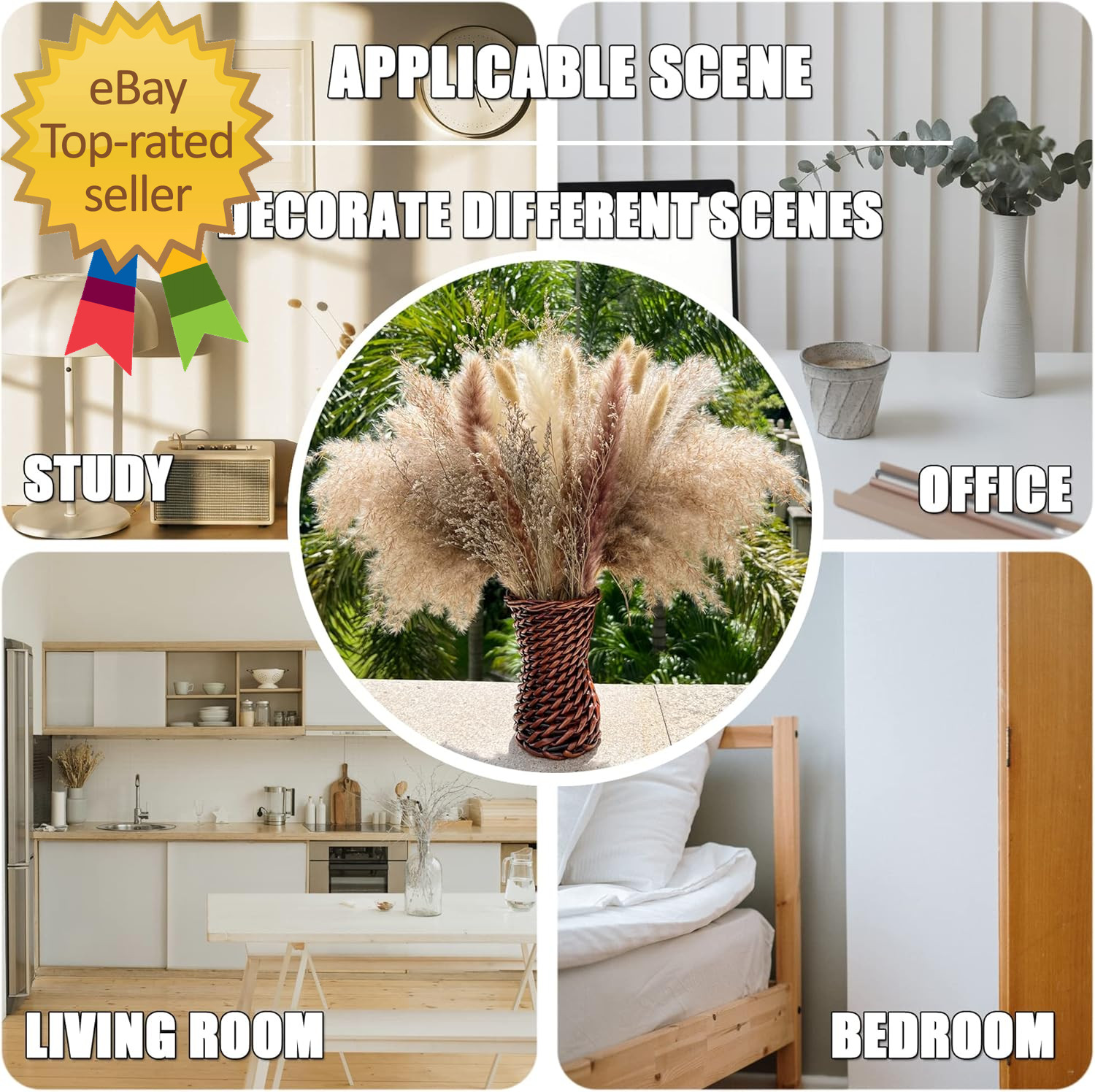100Pcs Pampas Grass Boho Home Decor 17 Inch Natural Dried Flowers-Pampas