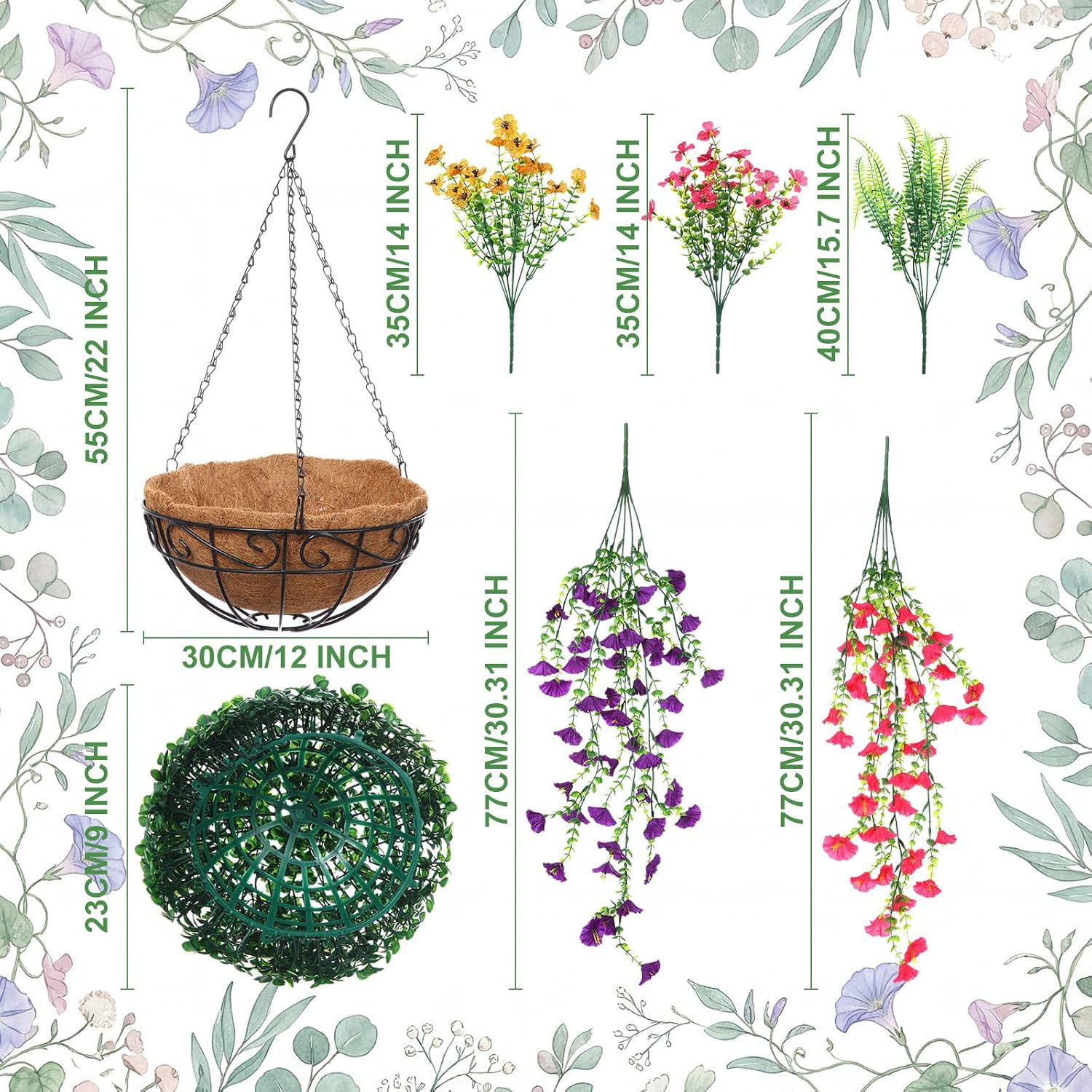 Faux Outdoor Hanging Plants Set with Artificial Fern & Morning Glory Decor