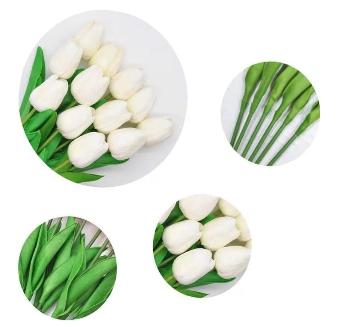 HIMUTAIN 20-Piece Artificial White Tulip Bouquet with Gift Box and Ribbon